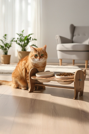 GOBYPET Ahşap Özel Isim Baskılı, Kedi Mama Seramik Su Kabı Standı Hediye Kedi...