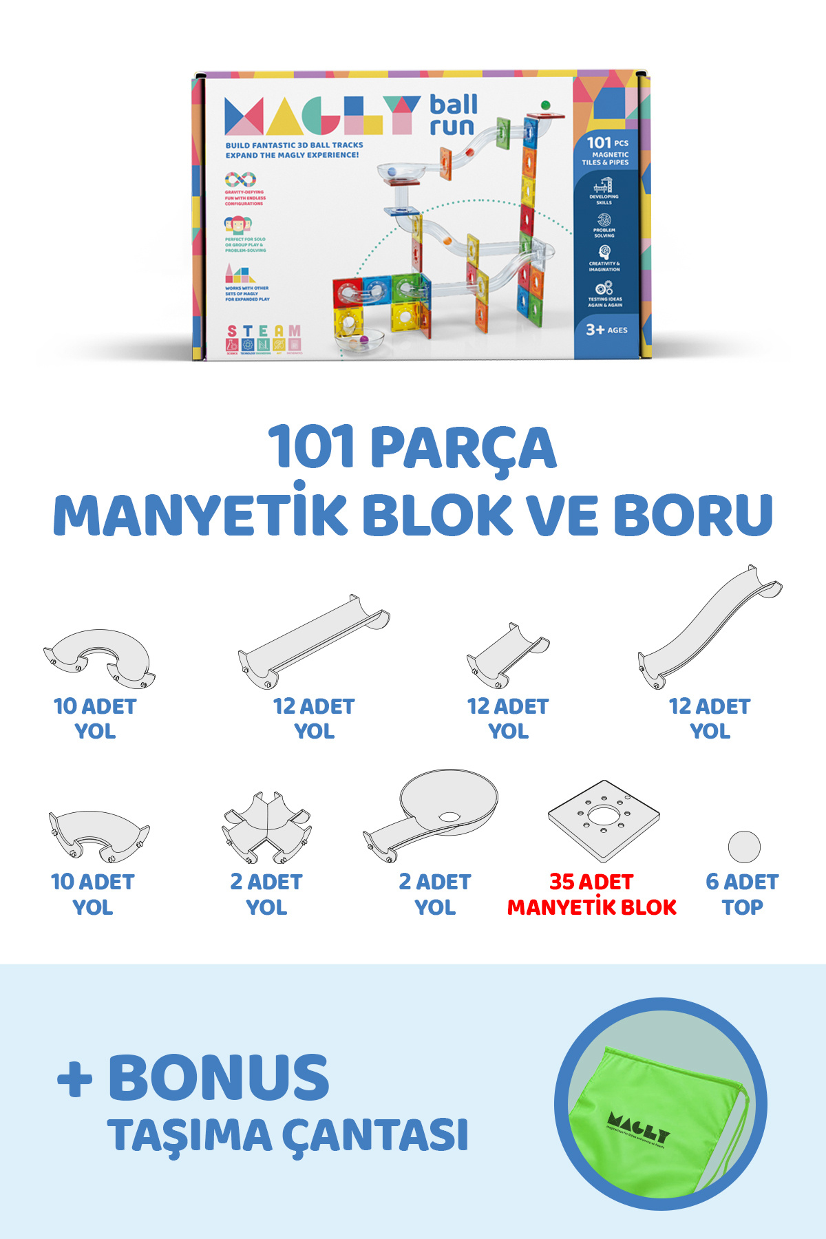 Magly Ball Run Parkur Oyunu – Çocuklar İçin Renkli 3 Boyutlu 101 Parça Yapı Seti - Manyetikler ve Yollar fotoğrafı 3 (önizleme)