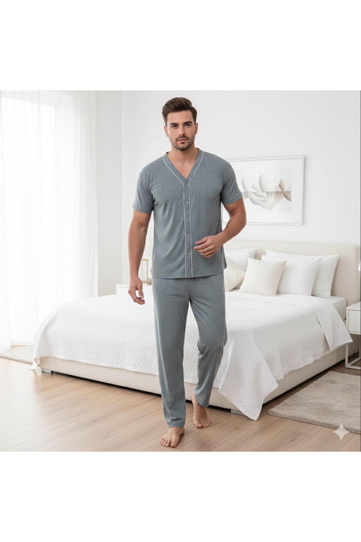 Sude HOMEWEAR Erkek Kısa Kol Gömlek Gri Renk Biyeli Pijama Takımı