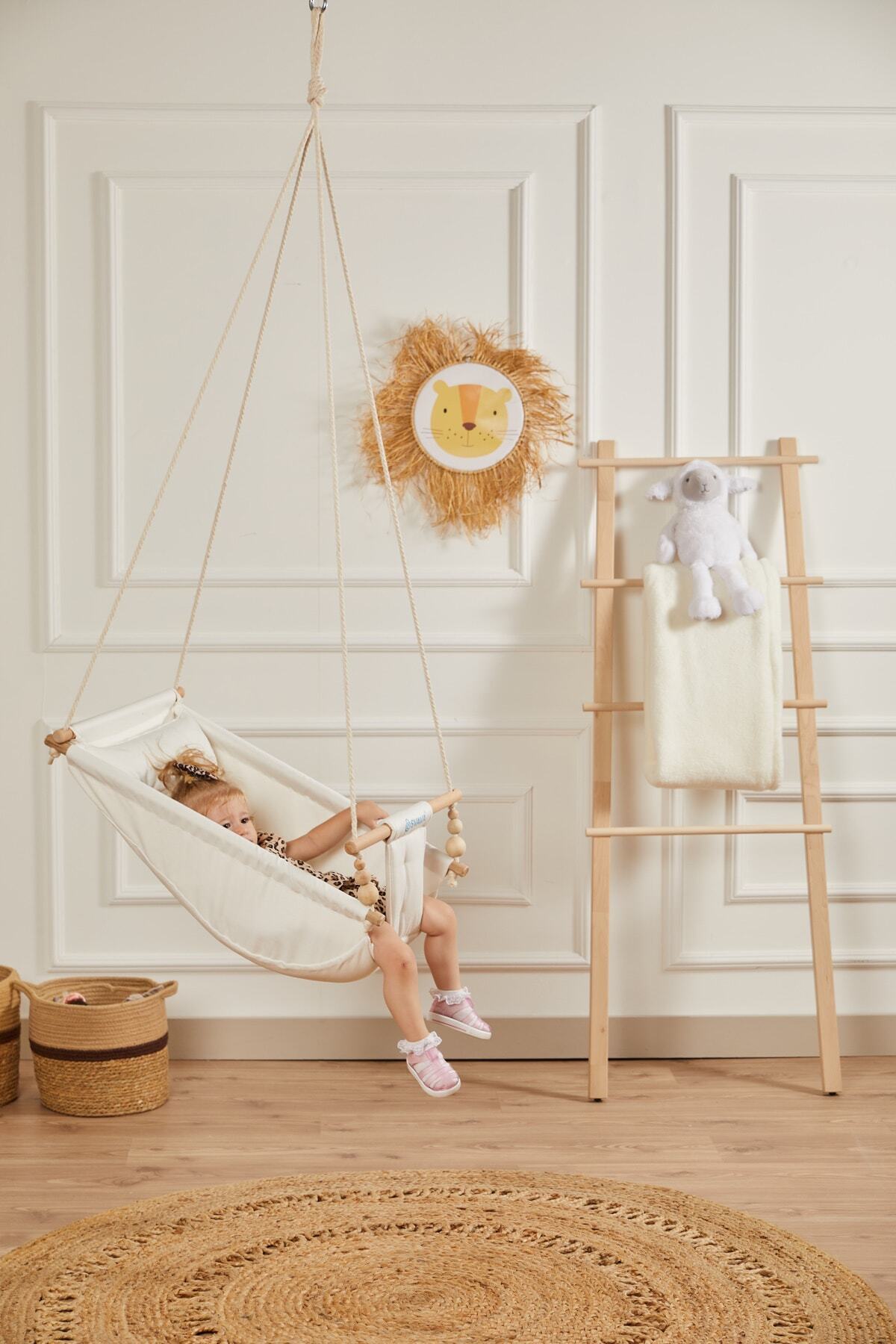 Svava Rüya Ahşap Bebek Hamak Salıncak - %100 Pamuk Ev Tipi Tavan Salıncağı (ham Kumaş) fotoğrafı 2 (önizleme)