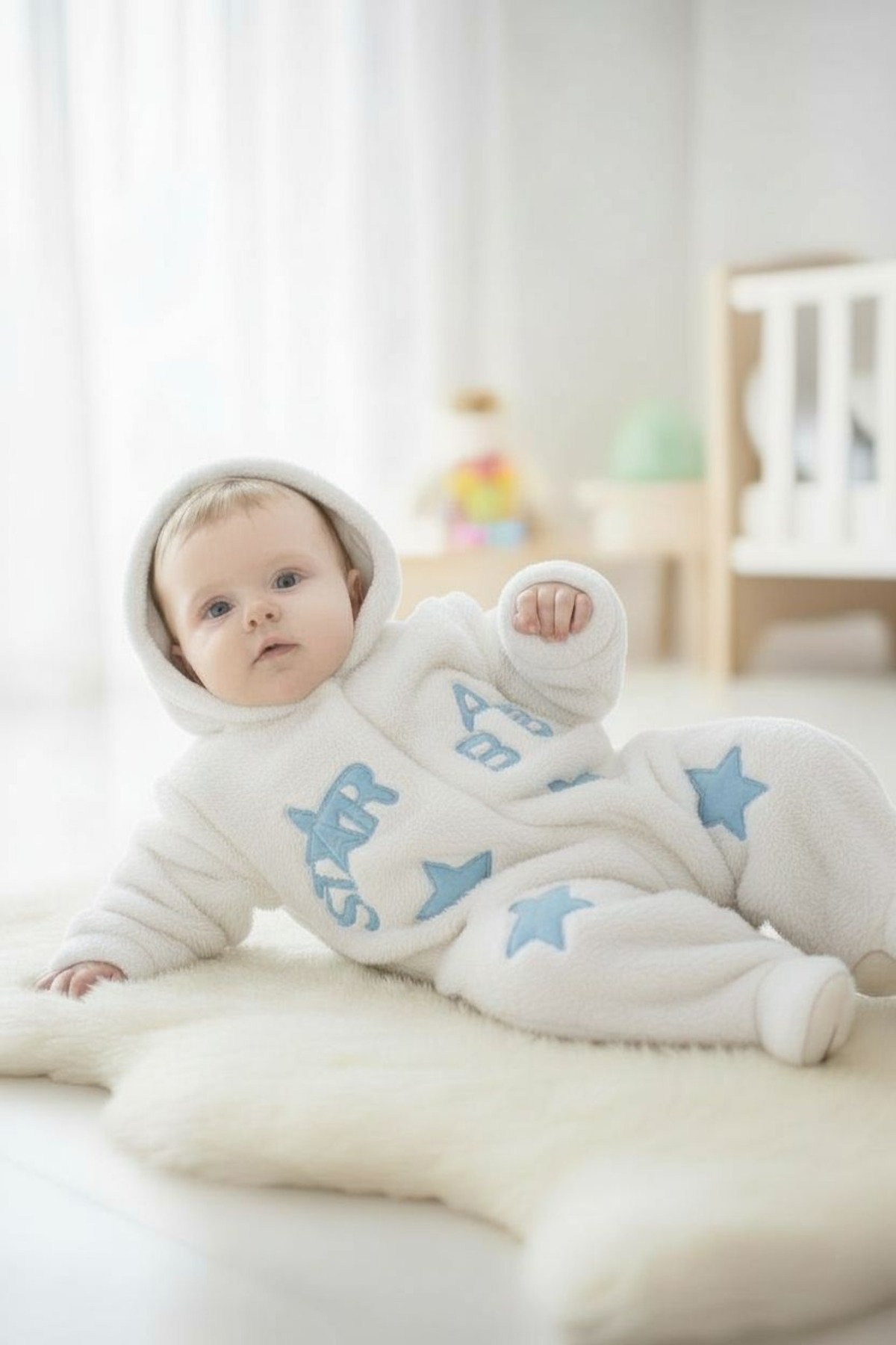 eomix kids bebek tulum kışlık welsoft kumaş nakış desenli şapkalı çıtçıtlı fotoğrafı 2 (önizleme)