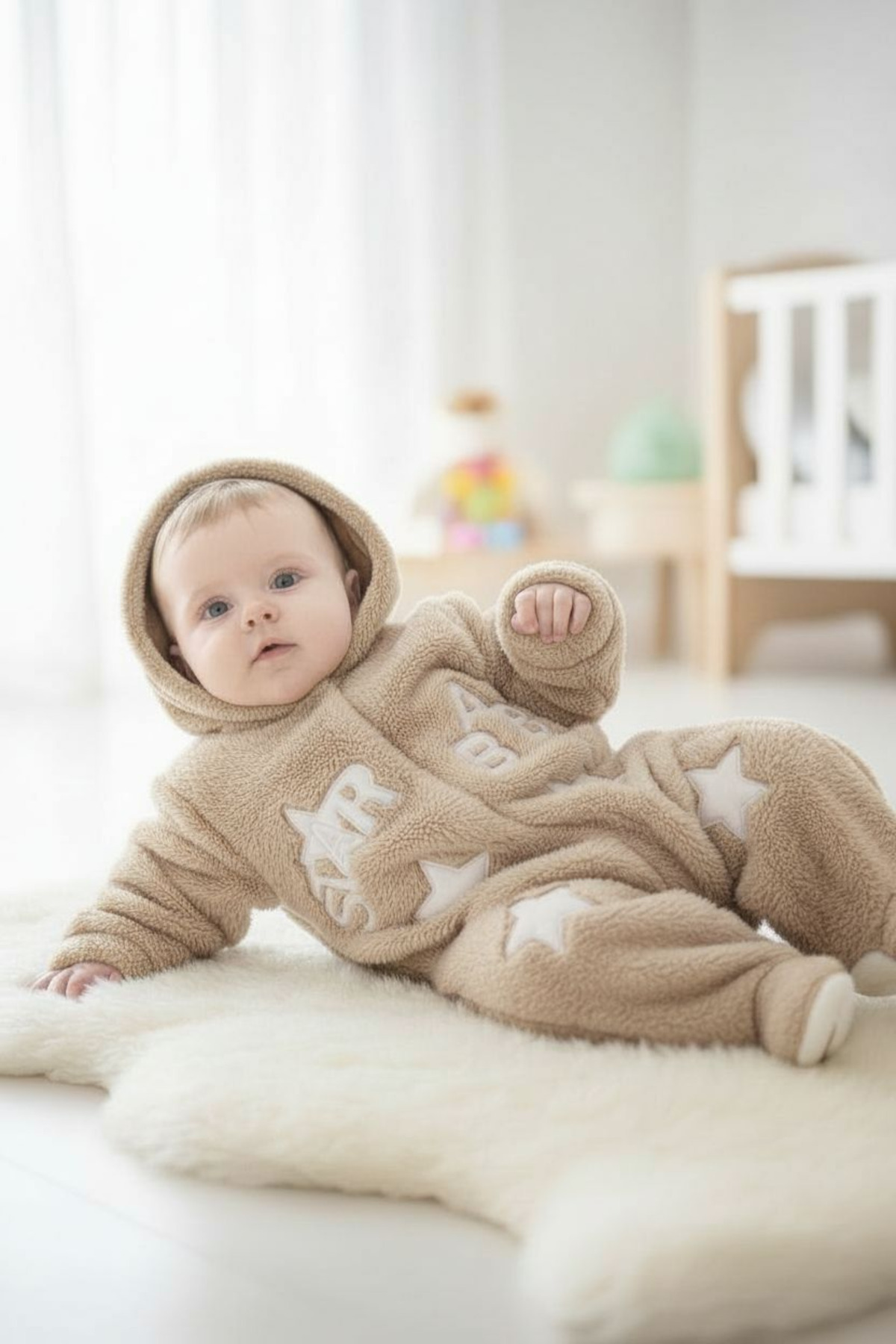 eomix kids bebek tulum kışlık welsoft kumaş nakış desenli şapkalı çıtçıtlı fotoğrafı 2 (önizleme)