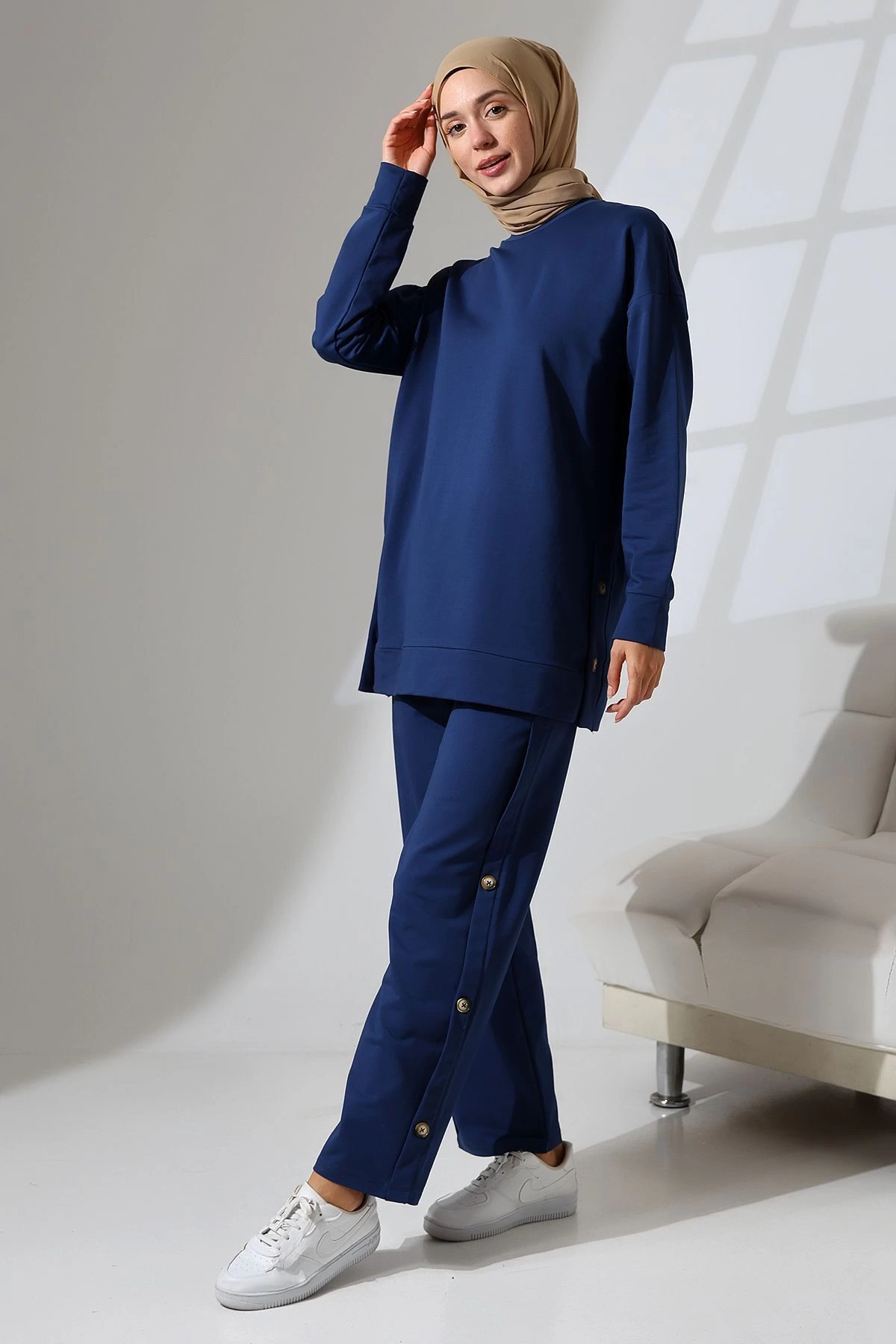Mihran Butik Women's Navy Blue Transitional Combed Cotton Bottom and Top Sporty and Comfortable Two-Piece Tunic Trousers Stylish Hijab Set