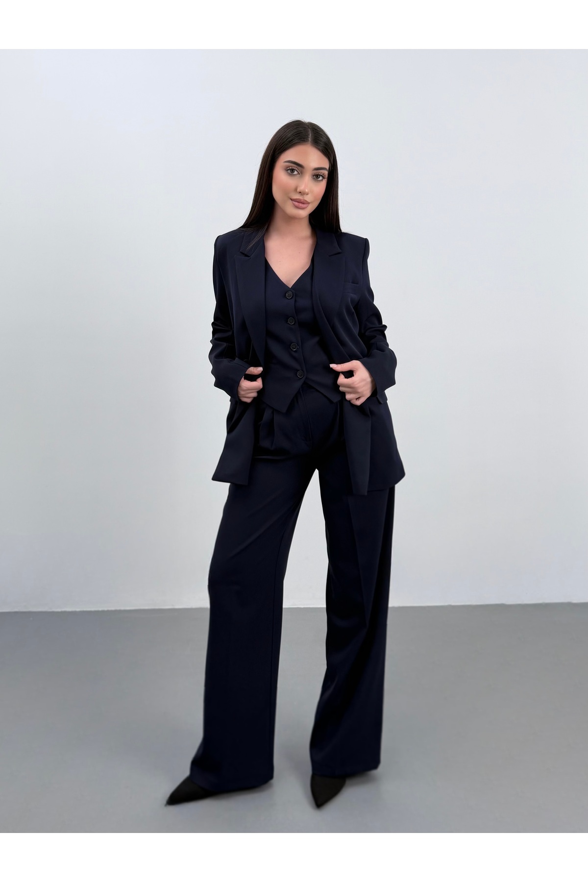 ossons Limited Edition Kadın Ceket Yelek Palazzo Pantolon 3’lü Takım – Ofis & Şık Kombin
