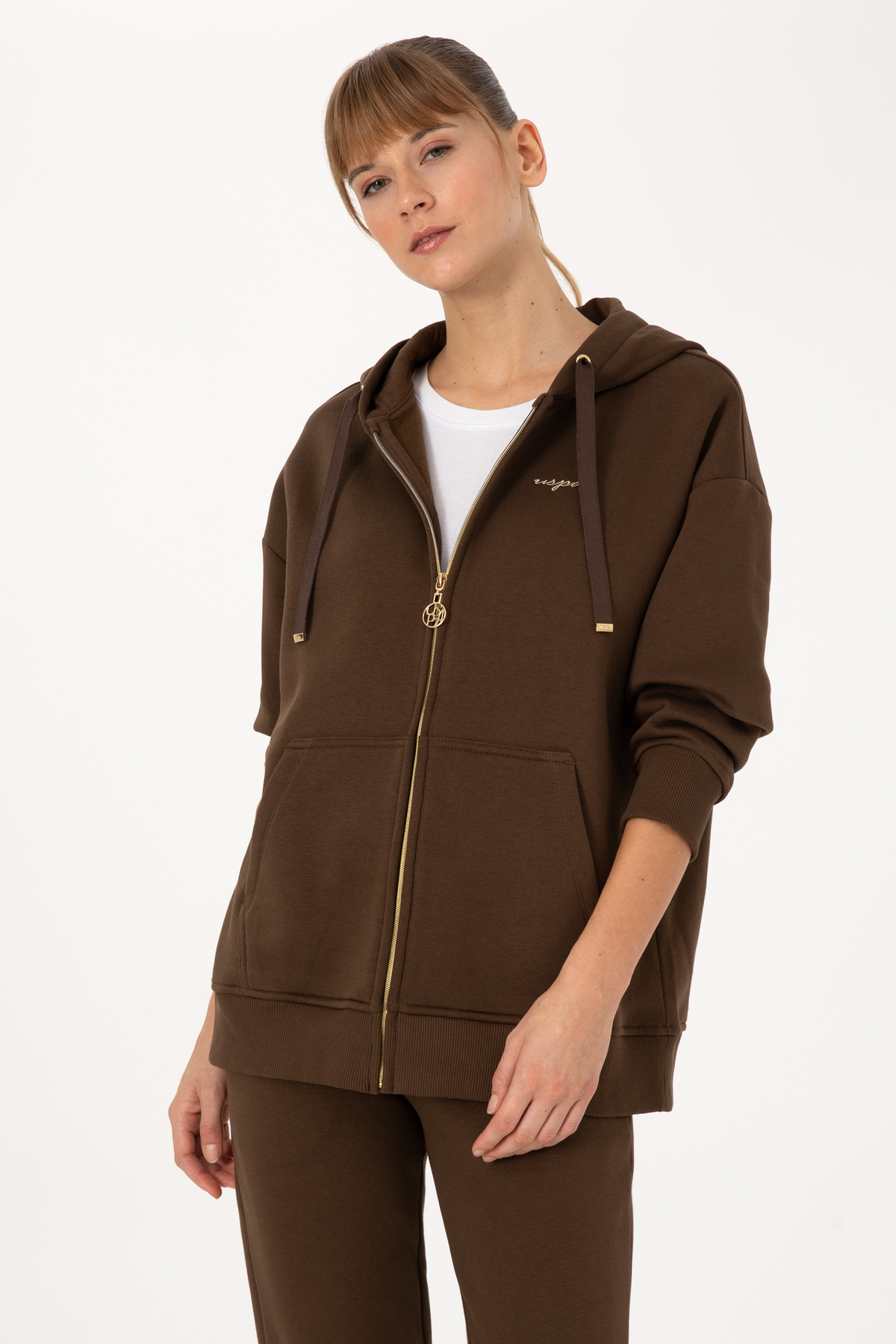 U.S. Polo Assn.  Kadın Kahverengi Şardonlu Kapüşonlu Sweatshırt 50314130-VR029