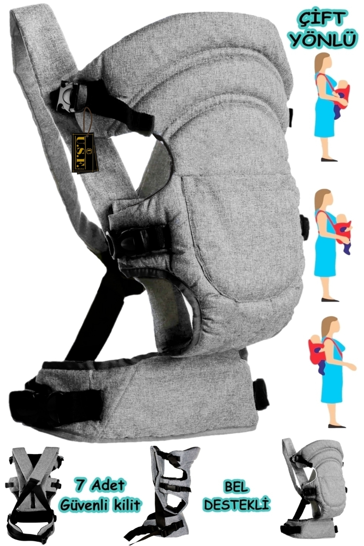 USF Bebek Bakım Sırt Çantası Portbebe Ana Kucağı Bebek Taşıma Kanguru 3 Lü Set fotoğrafı 2 (önizleme)