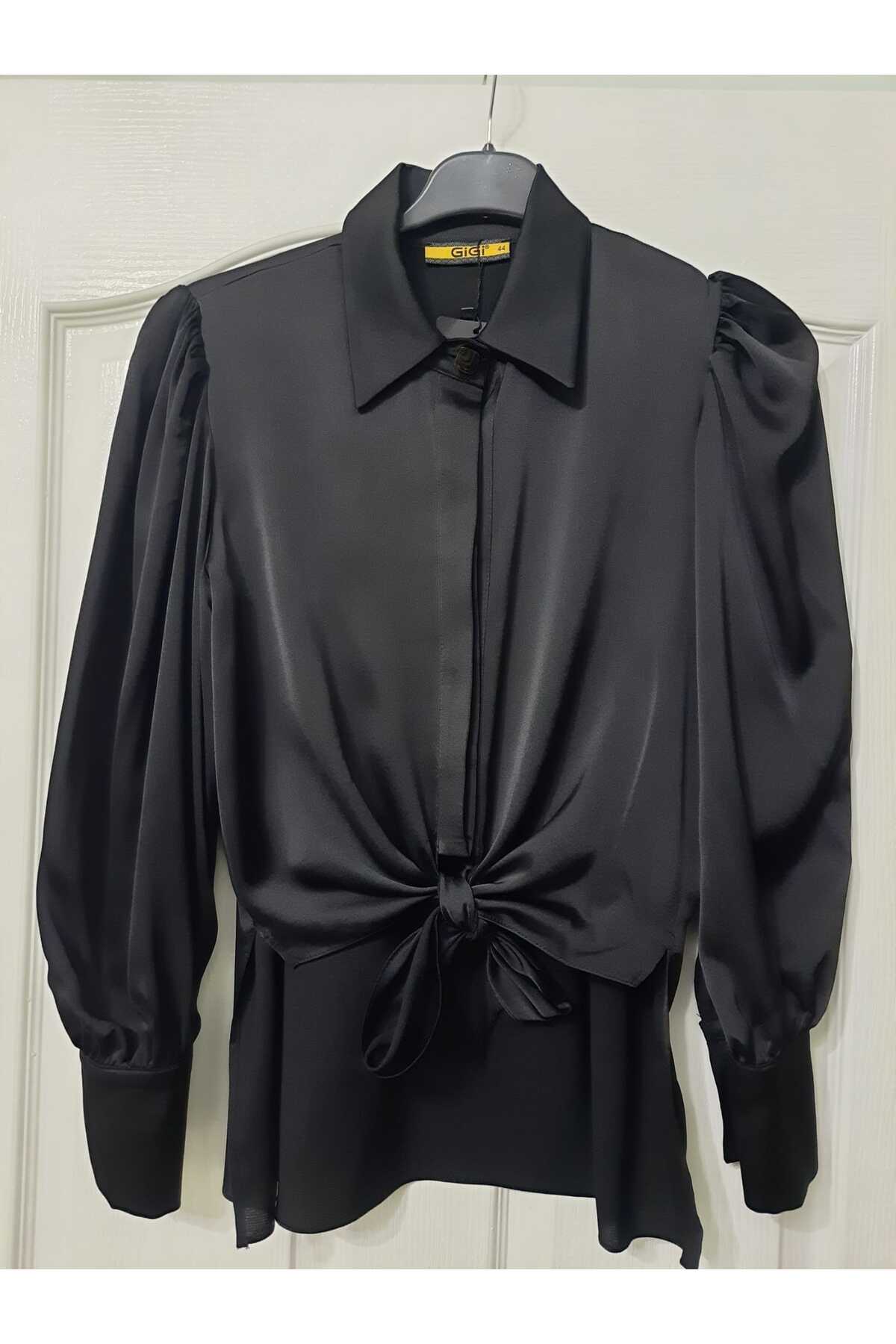 MYMİSİY  SATEN İPEK GÖMLEK BLUZ - SİYAH 34-48 BEDEN - Görsel 2