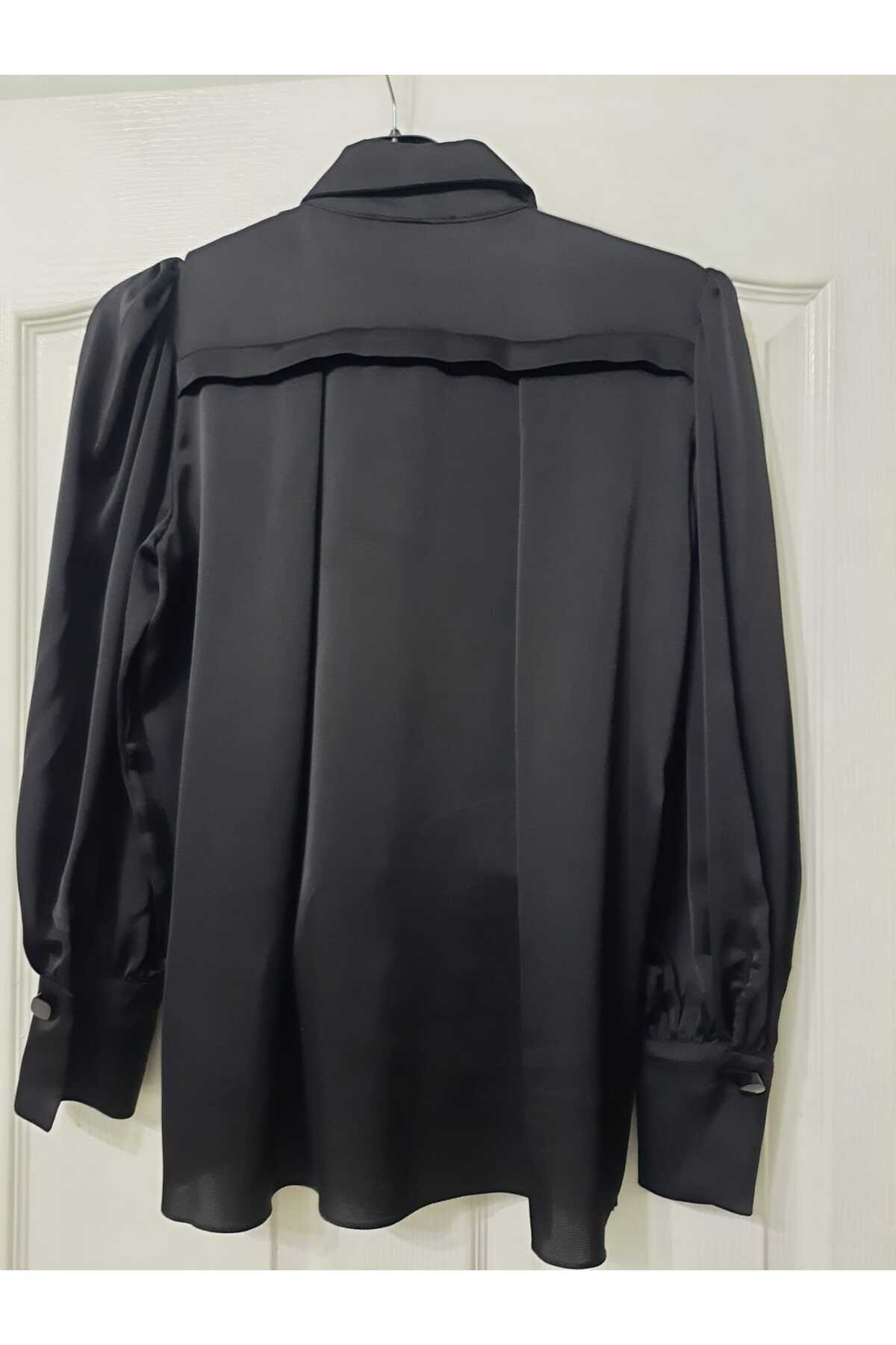 MYMİSİY  SATEN İPEK GÖMLEK BLUZ - SİYAH 34-48 BEDEN - Görsel 3