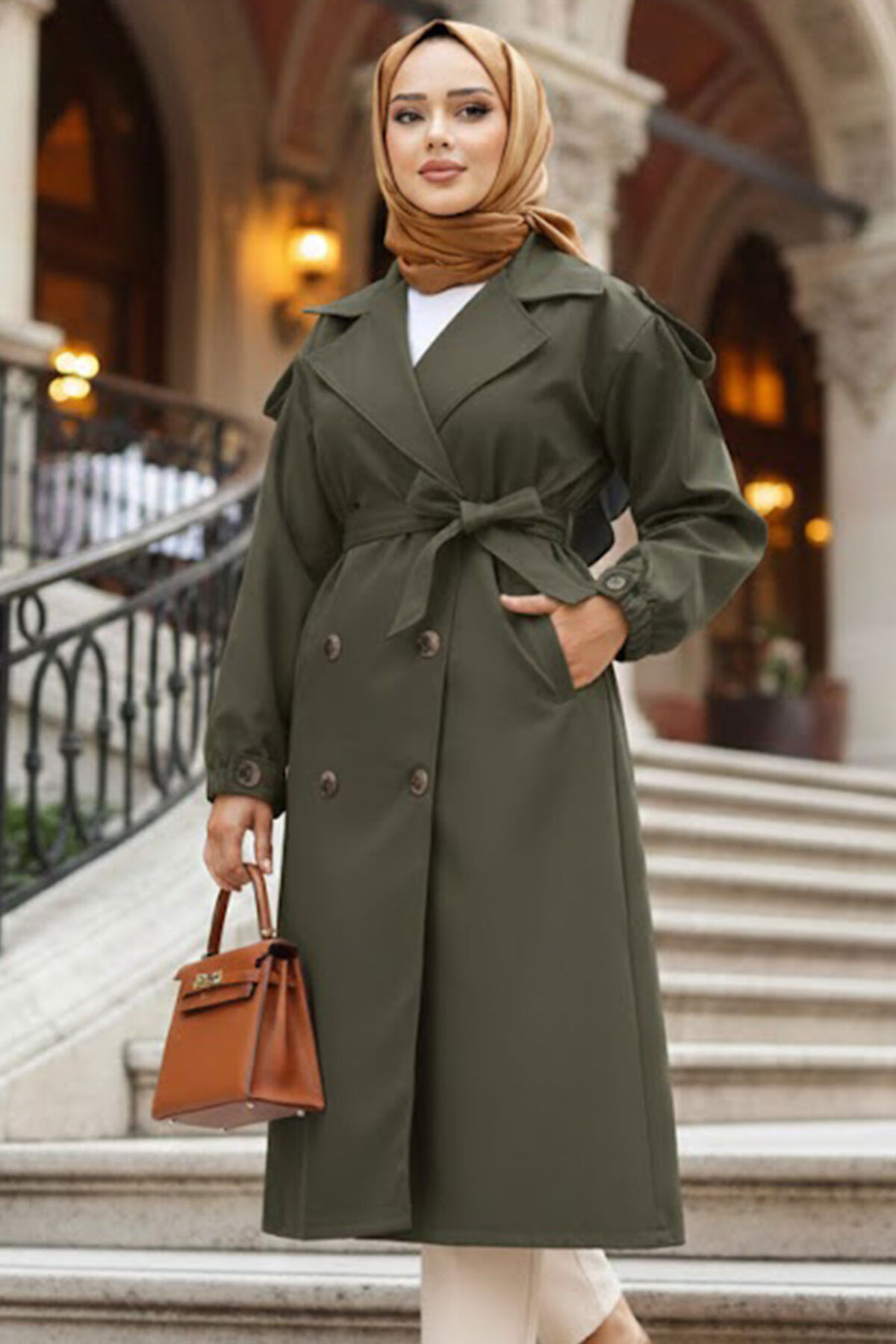 Neva Style Buttoned Dark Khaki Hijab Trench Coat 647Khk- Trendyol