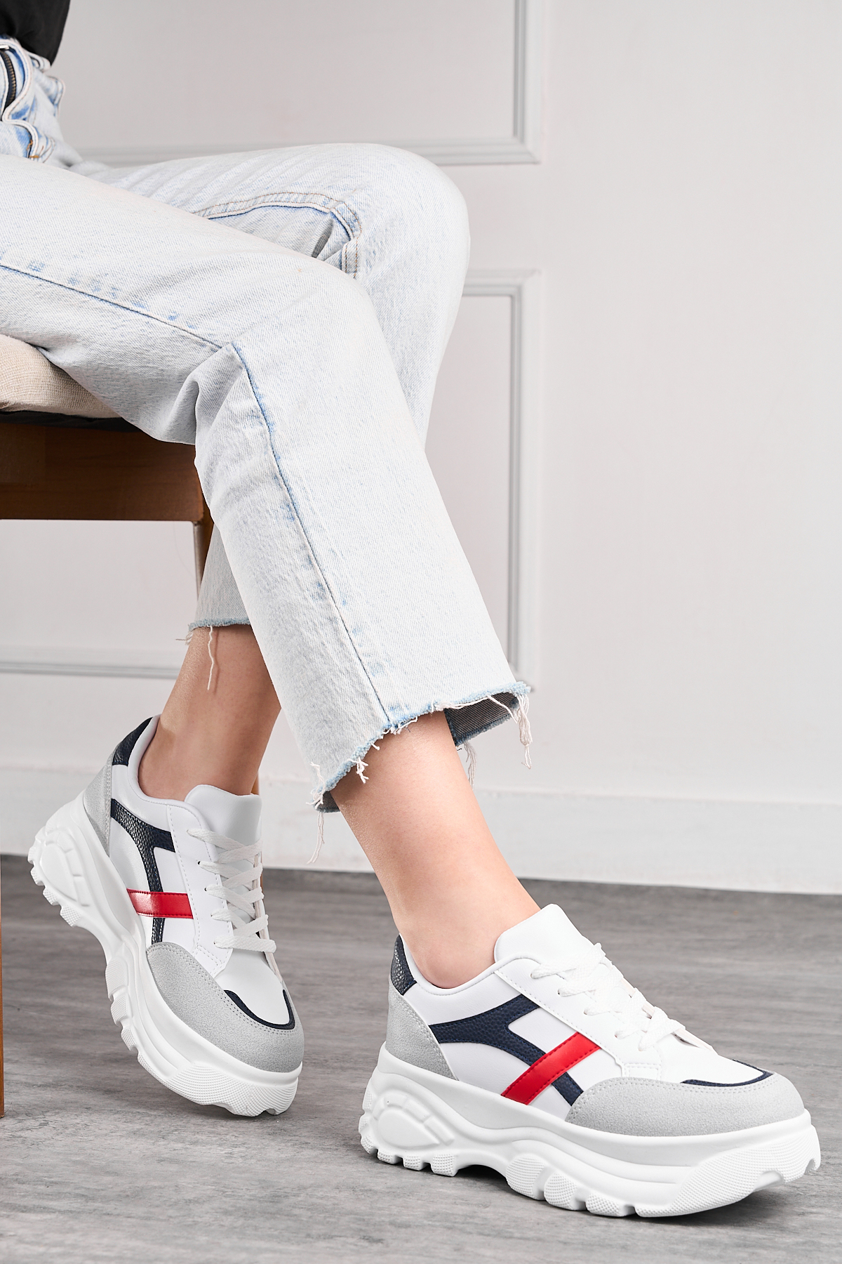 Casual Women's Stone Navy Blue Red Sneaker Thick Sole Lace-up Tiger Striped Sports Shoes 032
