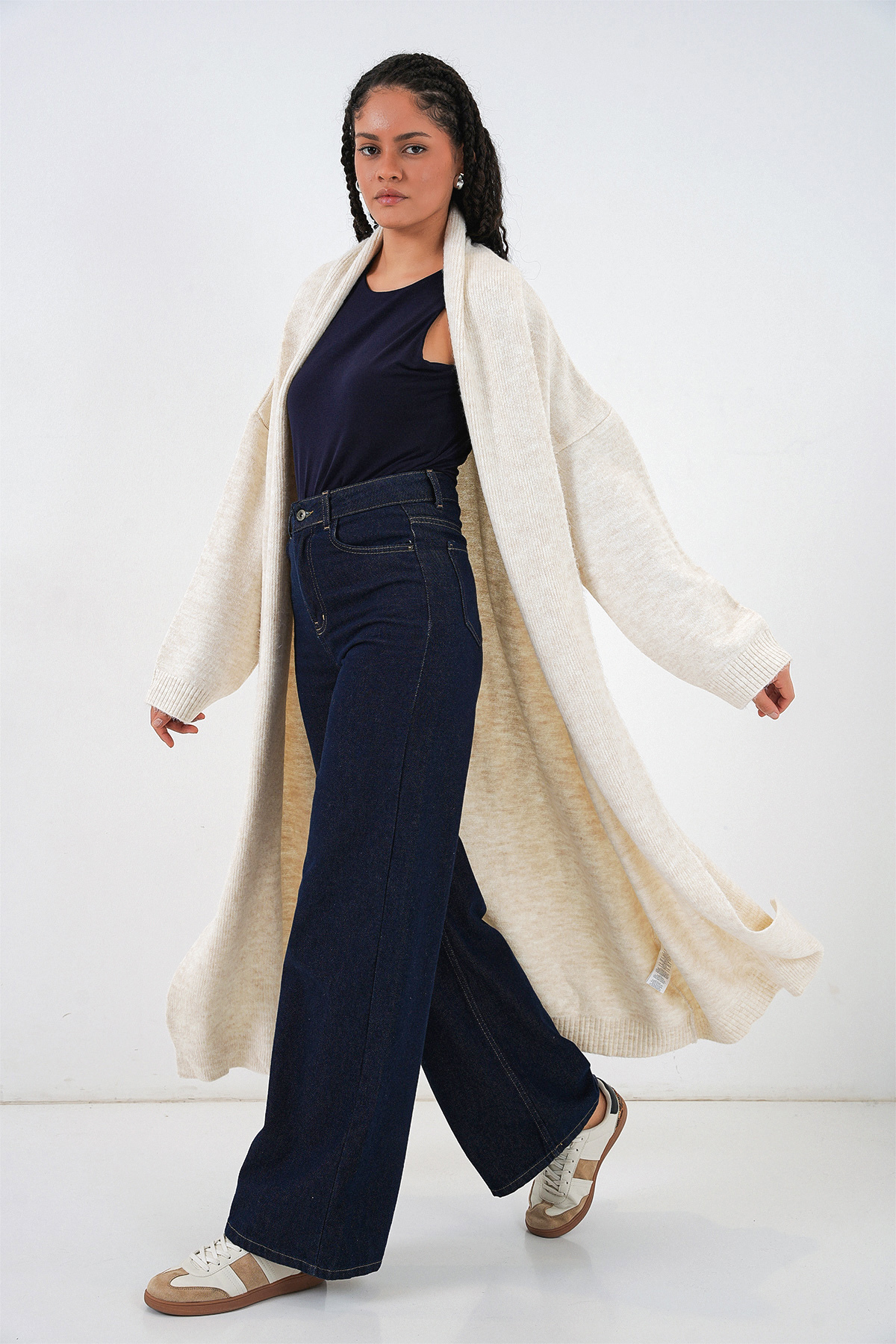 Bigdart  Kadın Uzun Oversize Triko Hırka 15924 - Ekru - Görsel 2