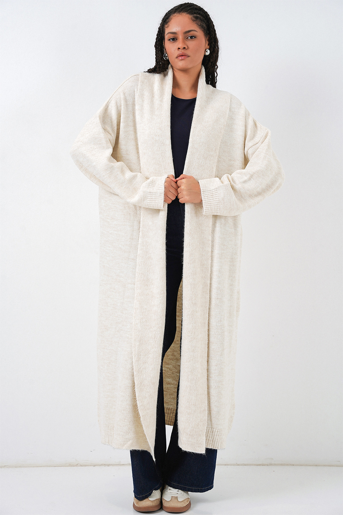 Bigdart  Kadın Uzun Oversize Triko Hırka 15924 - Ekru - Görsel 3