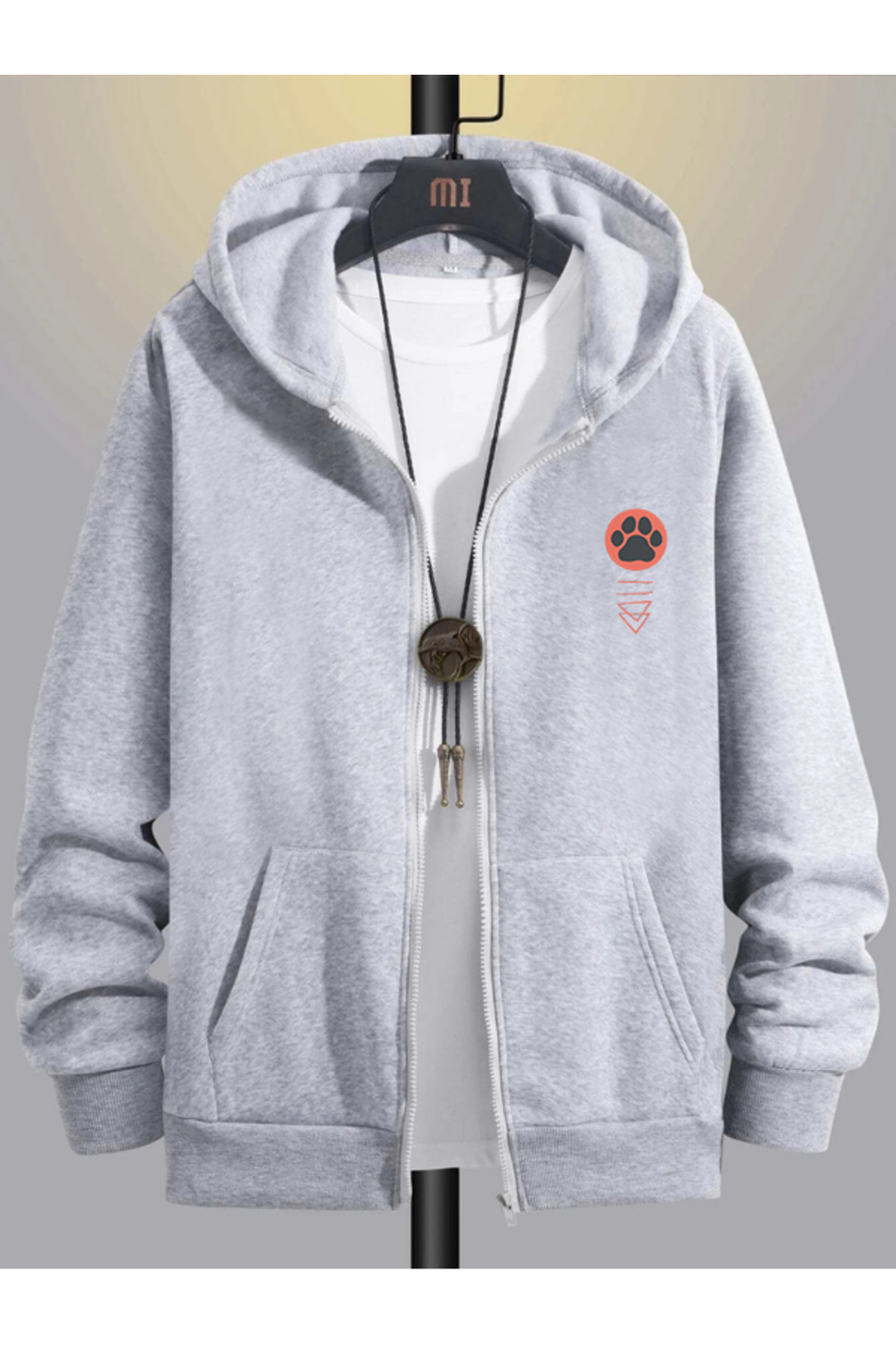 Men's Gray Hooded Zippered Oversize Sweatshirt Winter School Cardigan Raised Printed