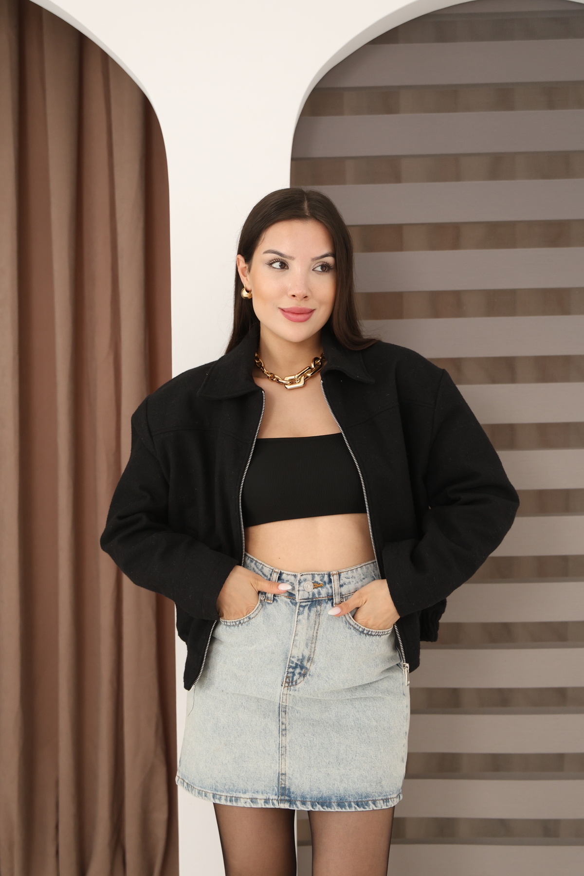 Etos  Kadın Ceket Trend Kaşe Bomber astarli siyah - Görsel 4