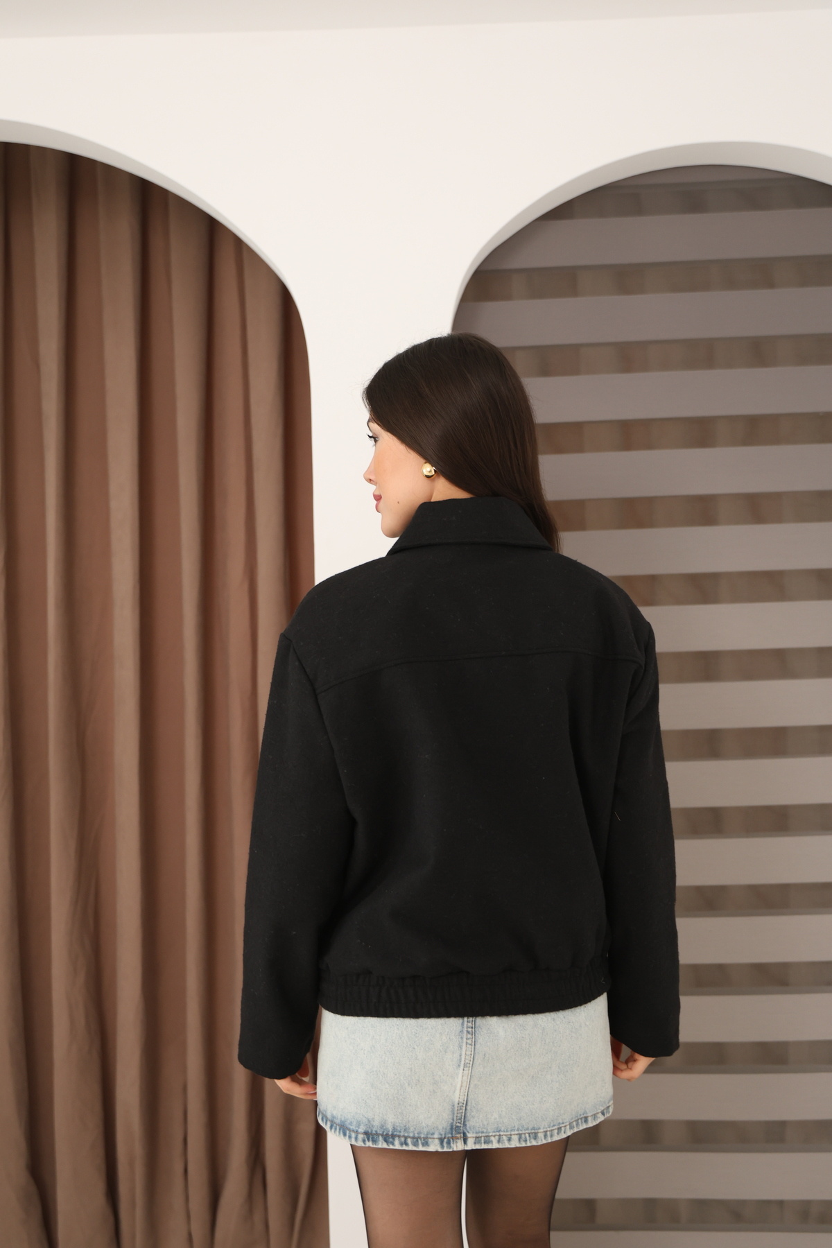 Etos  Kadın Ceket Trend Kaşe Bomber astarli siyah - Görsel 6