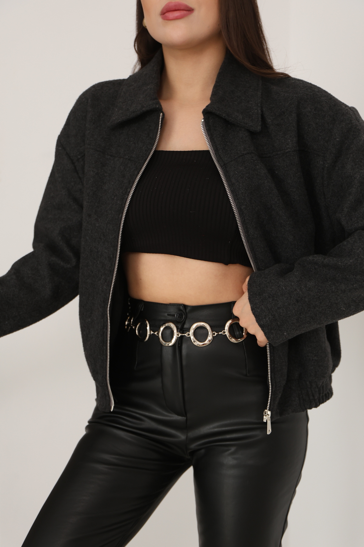 Etos  Kadın Ceket Trend Kaşe Bomber antrasit astarli - Görsel 3