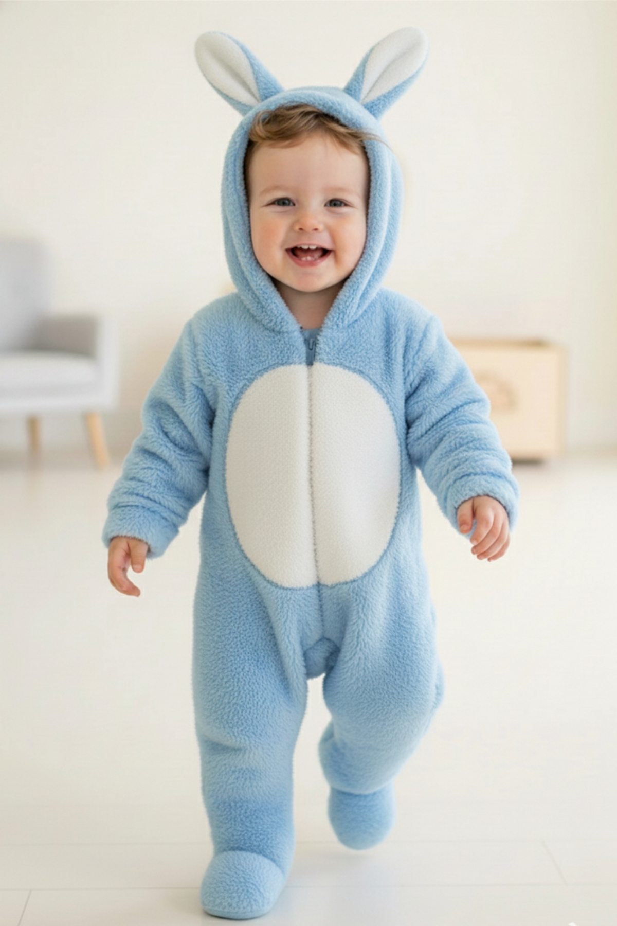 Lindakids Peluş Tavşan Kulaklı Önden Fermuarlı Patikli Welsoft Kumaş Peluş Bebek Tulum fotoğrafı 3 (önizleme)