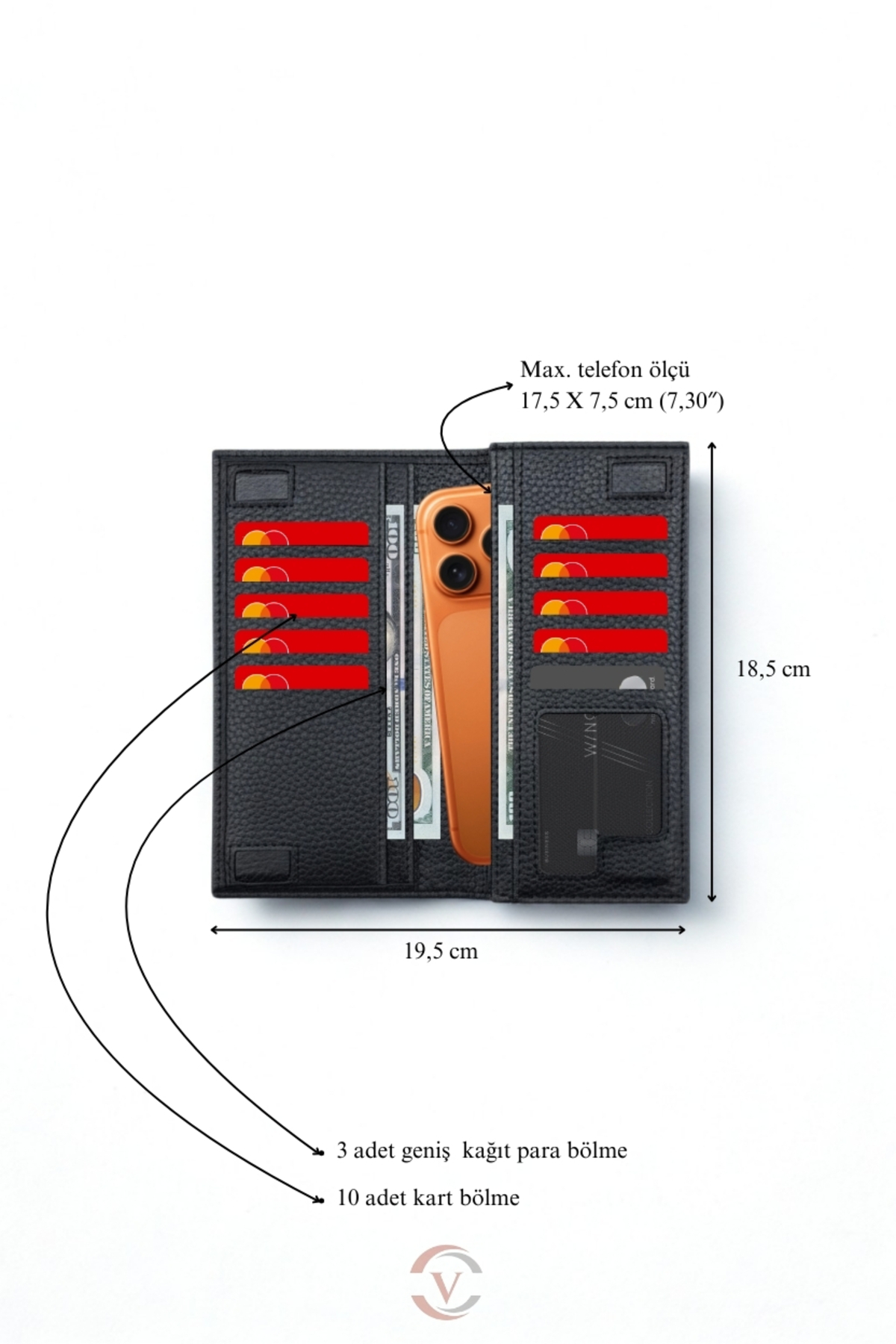 VANİLLA COLLECTİON  Telefon Bölmeli Unisex Siyah Cüzdan Mıknatıslı Ve El Bantlı Büyük Paraportföy El Çantası - Görsel 9