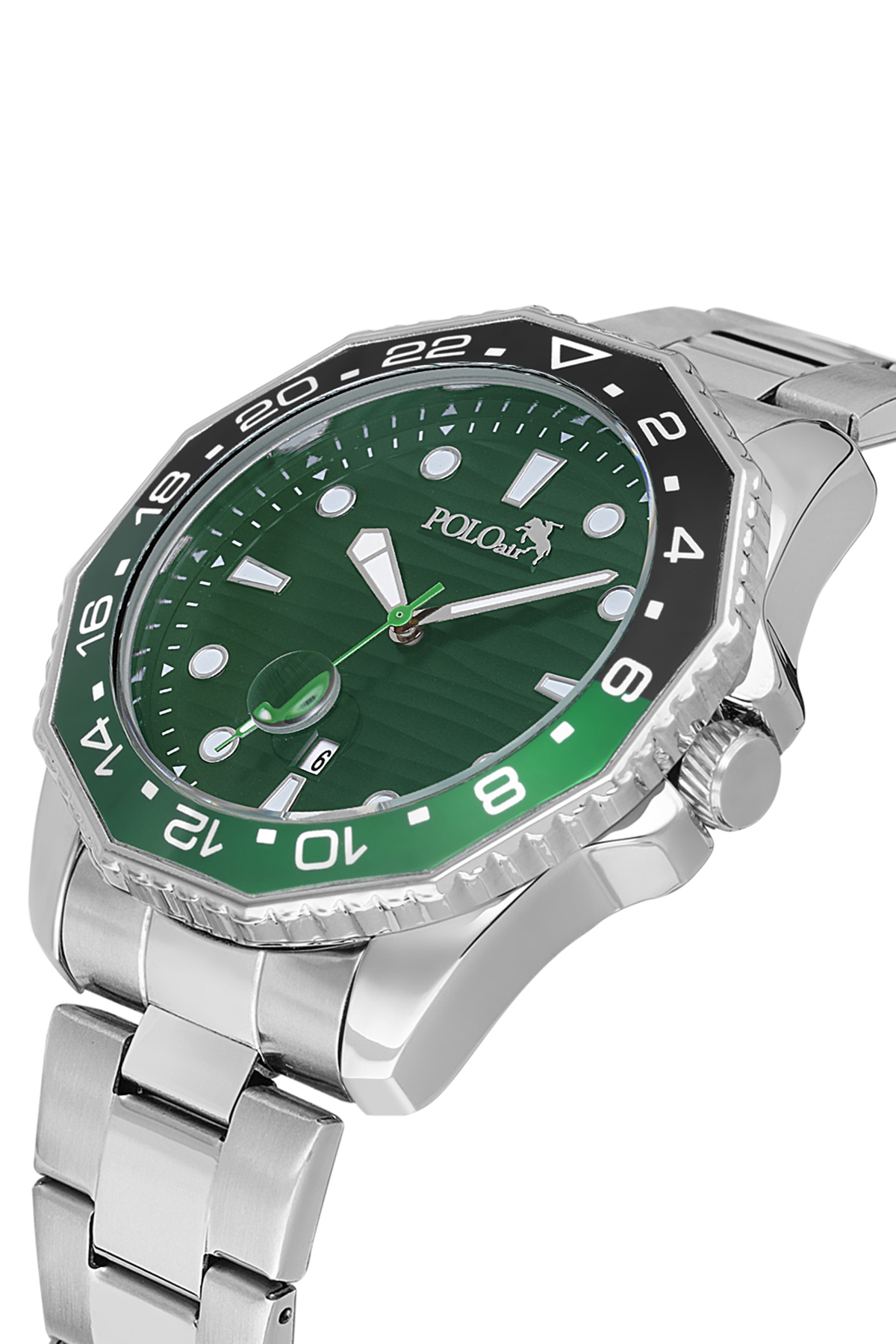 ساعت مچی مردانه چرخشی با قاب گردان و تقویم، نقره‌ای-سبز-مشکی، مدل PL-7047E3X
