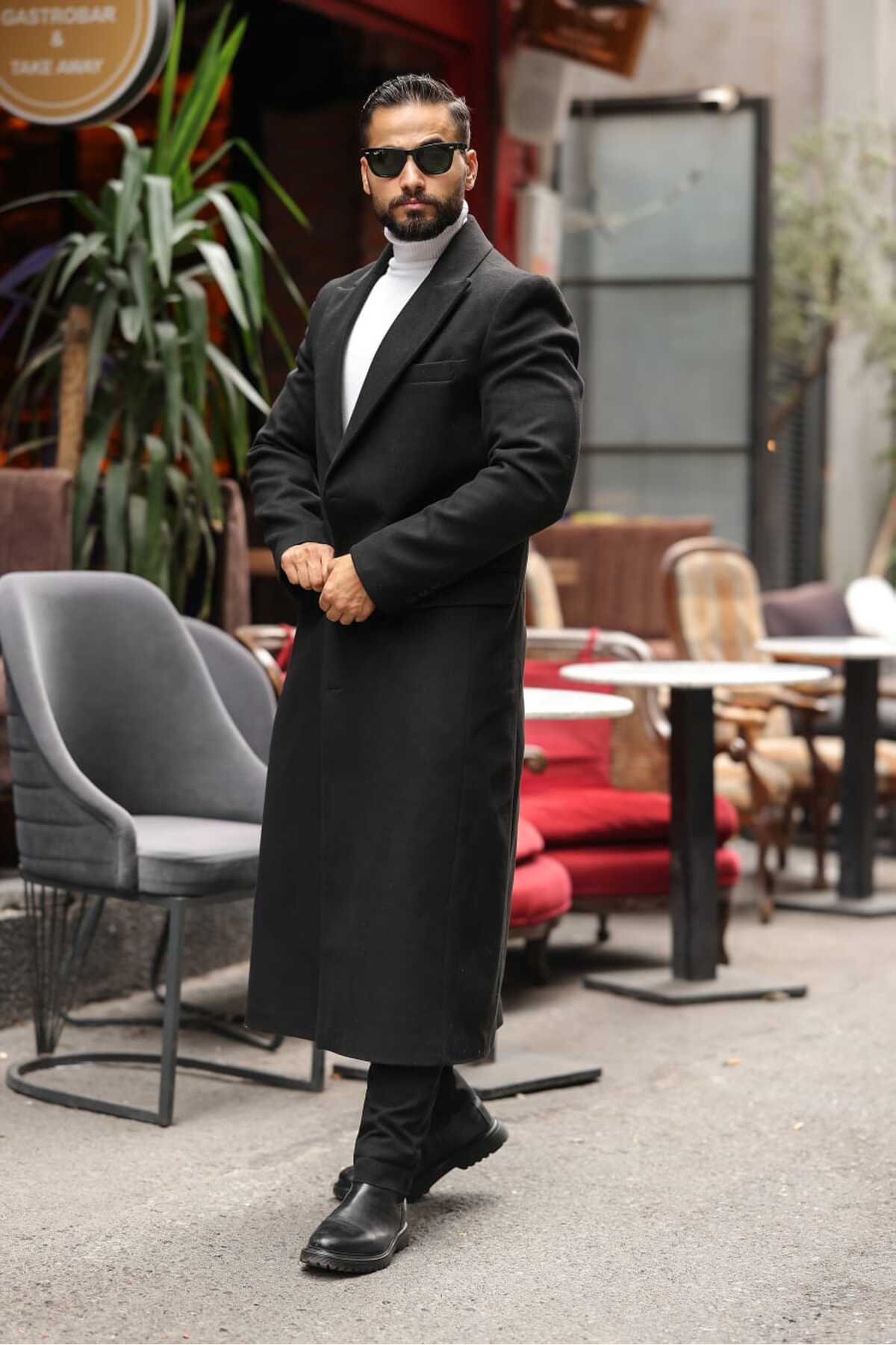 endap collection  Erkek Uzun Siyah Kaşe Kaban - Görsel 2