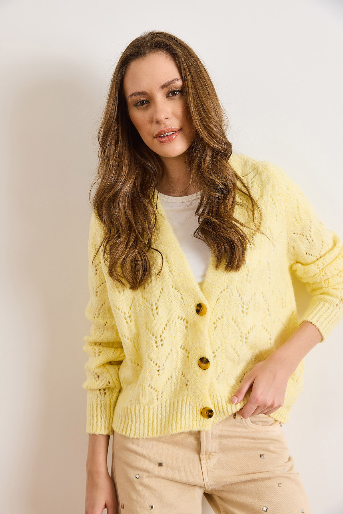 Olalook  Kadın Açık Sarı Ajurlu Yumuşak Dokulu Triko Hırka HRK-19000444 - Görsel 2