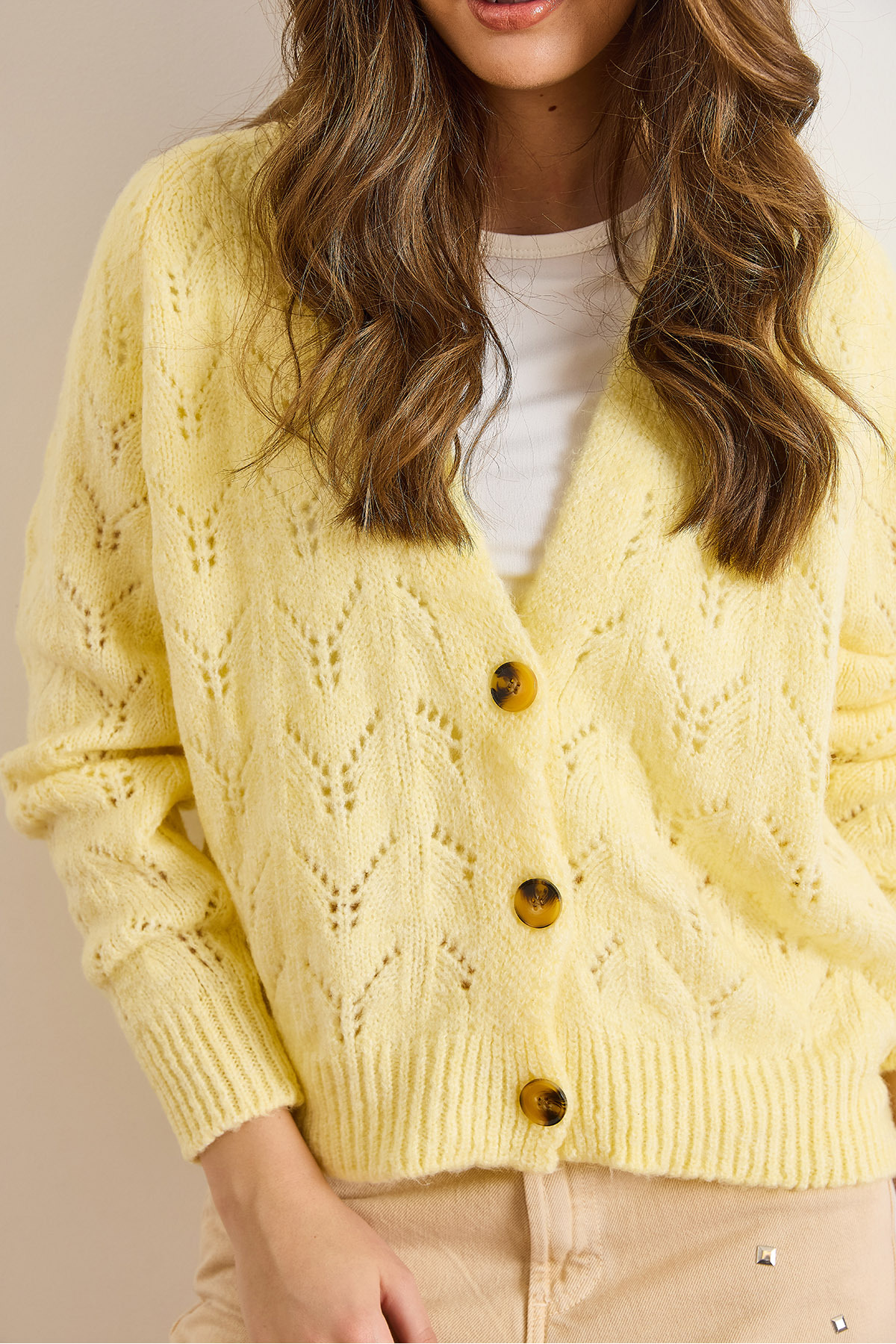 Olalook  Kadın Açık Sarı Ajurlu Yumuşak Dokulu Triko Hırka HRK-19000444 - Görsel 5