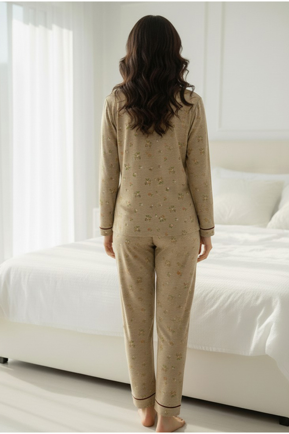 Siyah İnci Brown Flower Patterned Long Sleeve Buttoned Piped Pajama Sets 7926