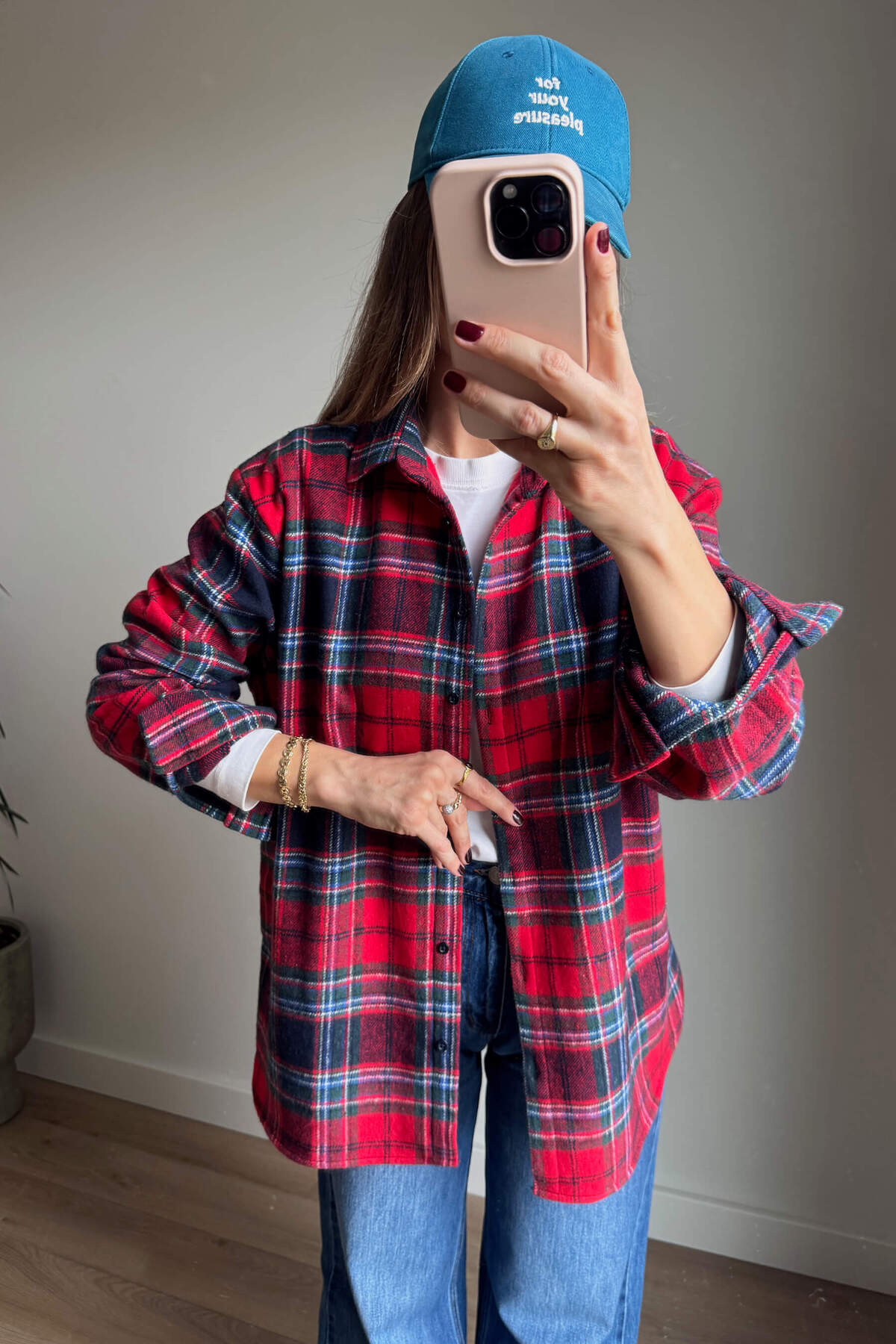 Sue Store Kırmızı Lacivert Ekoseli Oversize Oduncu Gömlek görsel 2
