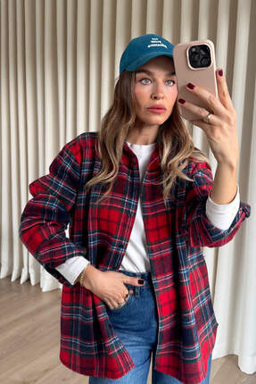 Sue Store Kırmızı Lacivert Ekoseli Oversize Oduncu Gömlek