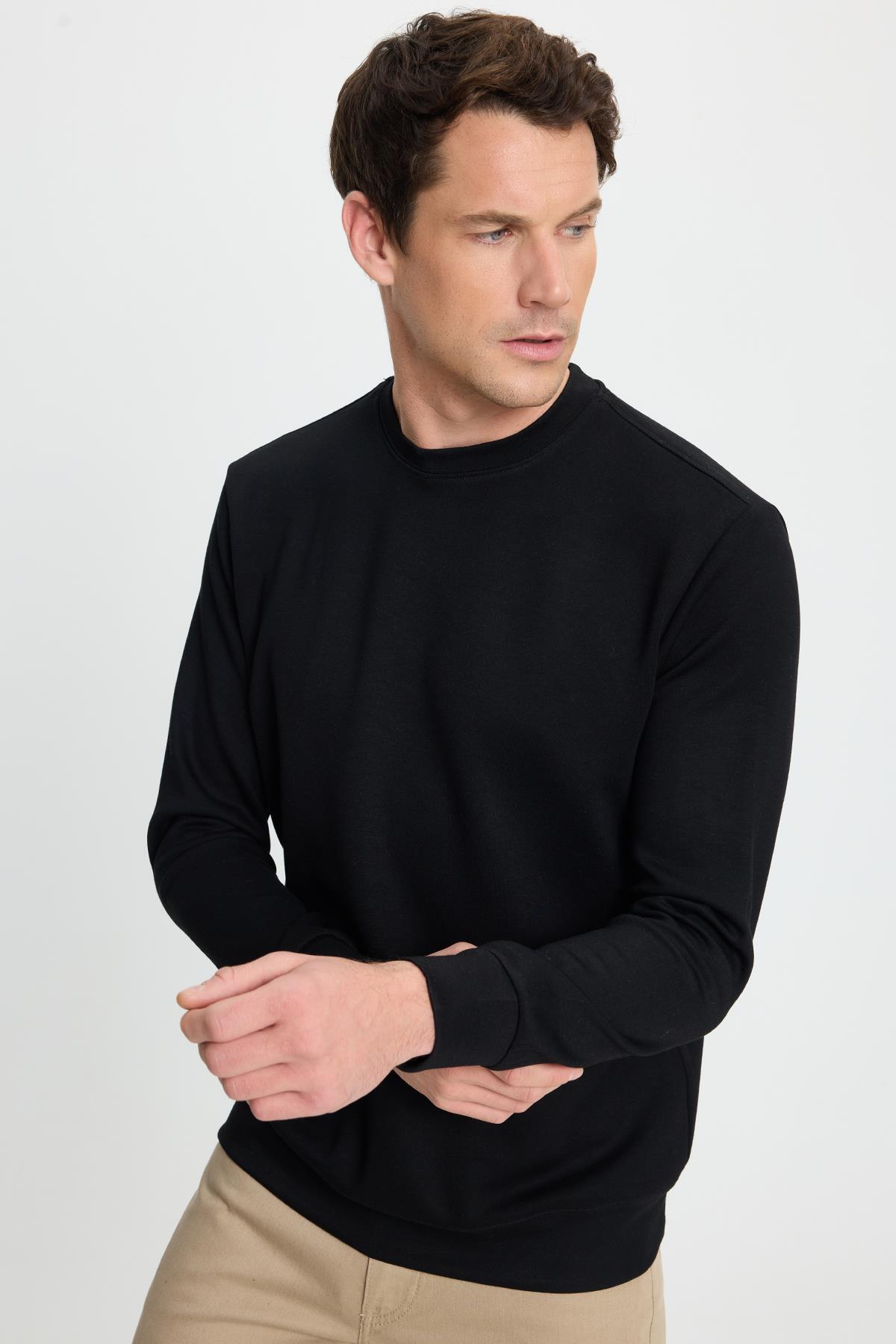 Tudors  Erkek Relax Fit Rahat Kesim Uzun Kollu Ekstra Soft Modal Kumaş Bisiklet Yaka Siyah Sweatshirt - Görsel 5
