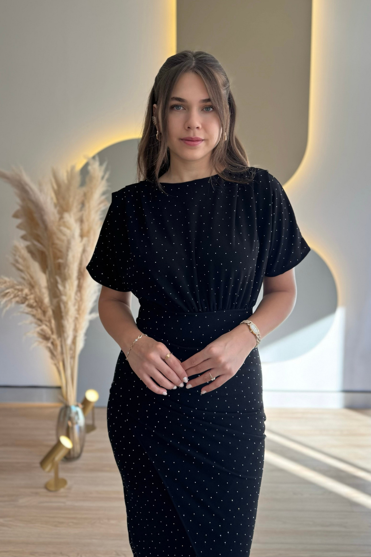 Draped Gemstone Black Midi Dress