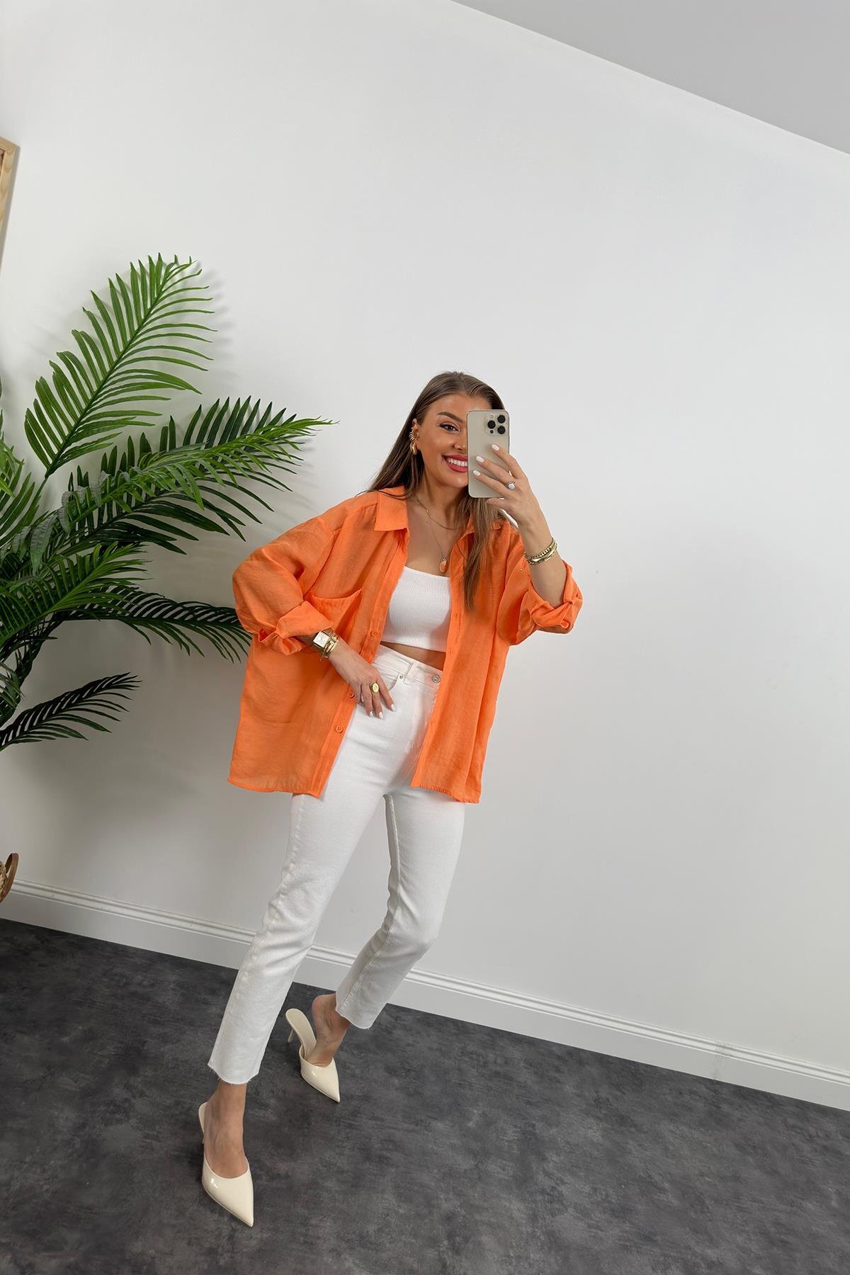 Lady Pixie  Düşük Omuzlu Kumaş Oversize Gömlek - Görsel 5