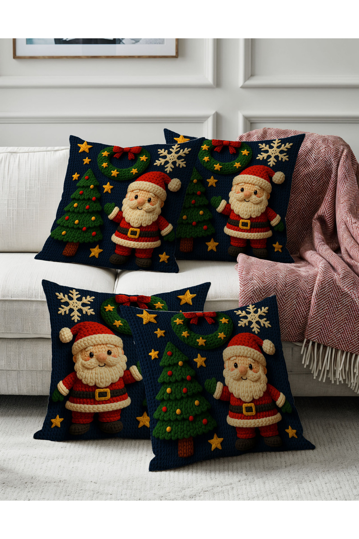 Sakallı Yılbaşı Temalı Punch Nakış Görünümlü Noel Baba ve Çam Ağacı Desenli Kırlent Kılıfı 4lü