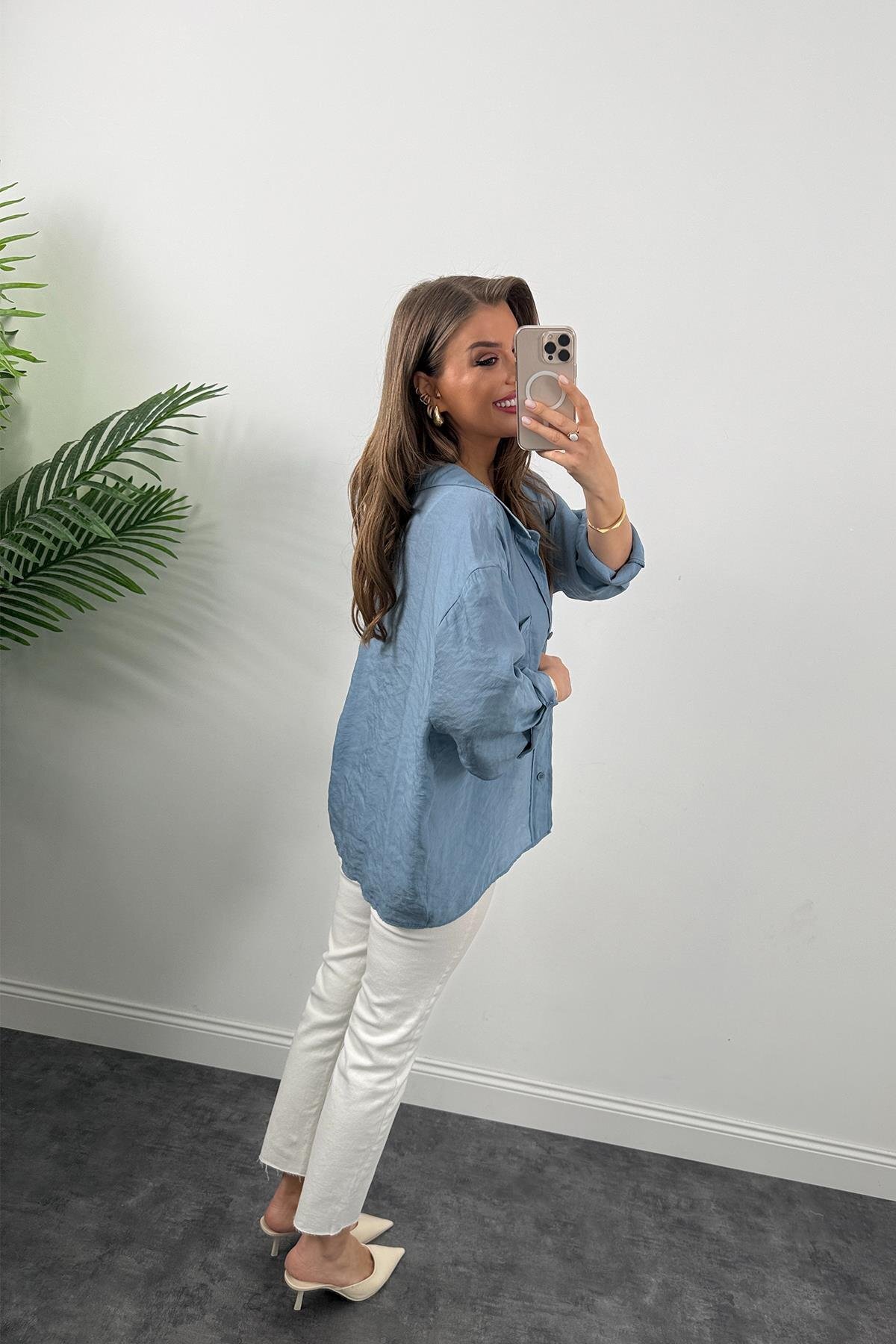 Lady Pixie Düşük Omuzlu Kumaş Oversize Gömlek görsel 5