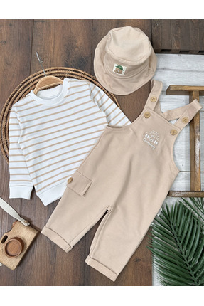 Bolly Baby Safari Şapkalı Nakışlı Şeritli Sweatshirt Salopet Erkek Bebek Takım