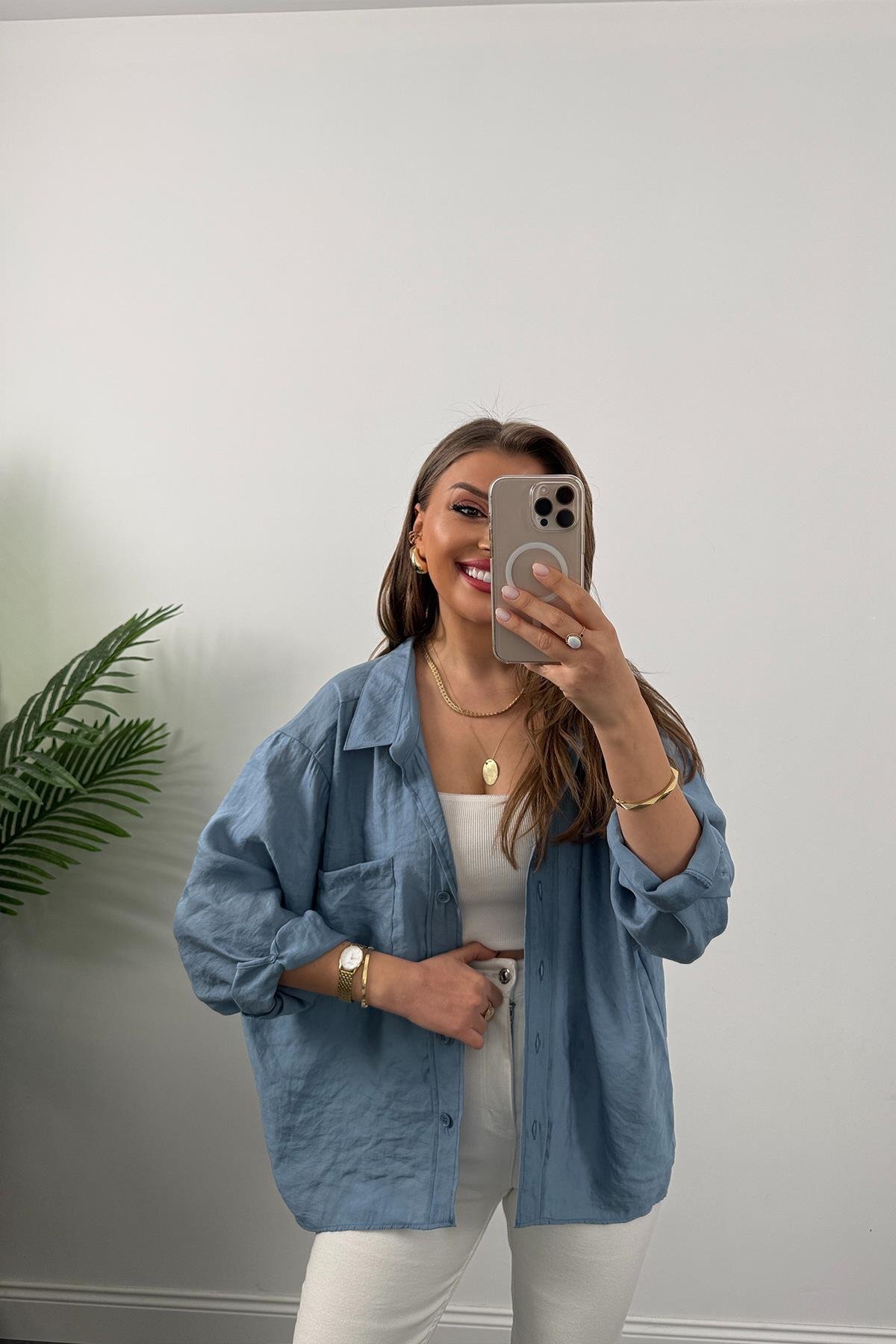 Lady Pixie Düşük Omuzlu Kumaş Oversize Gömlek görsel 3