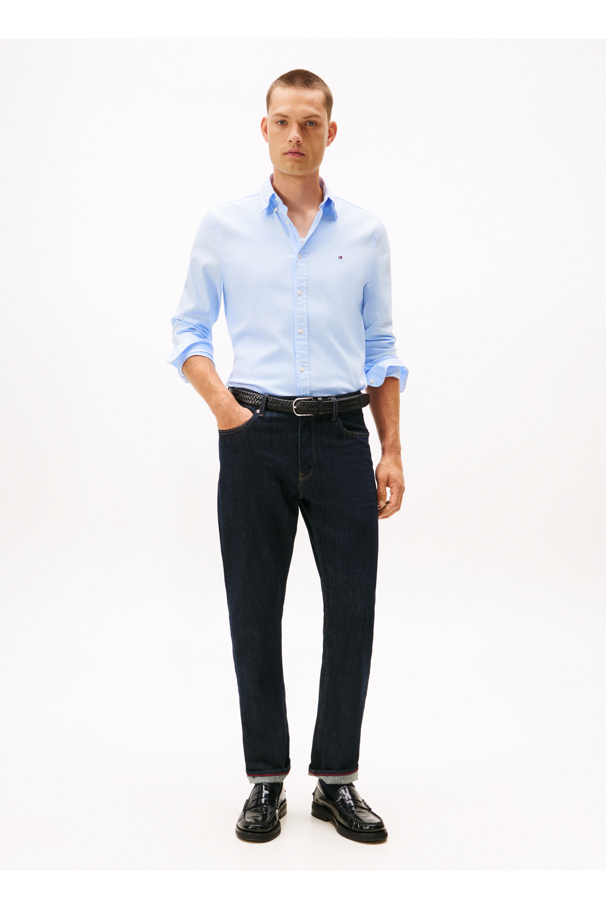 تامی هیلفیگر پیراهن مردانه یقه گرد معمولی آبی MW0MW40458C3Q_DOBBY SF SHIRT