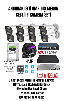 Anunnaki 8’li 4MP Sesli Dış Mekan IP Kamera Seti – POE Switch – NVR – Harddis...