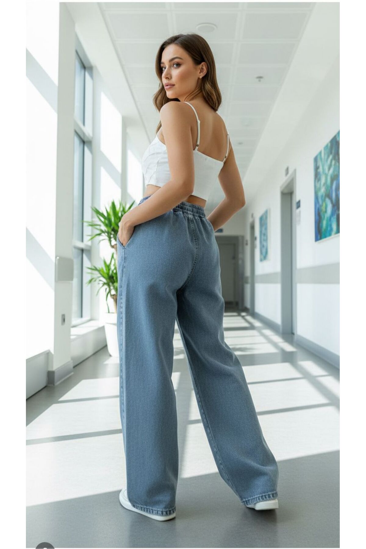 comfort jeans Kadın Sahra Likrasız Bağcıklı Beli Lastikli Mavi Yüksek Bel Geniş Paça Bol Palazzo Jean Pantolon görsel 2