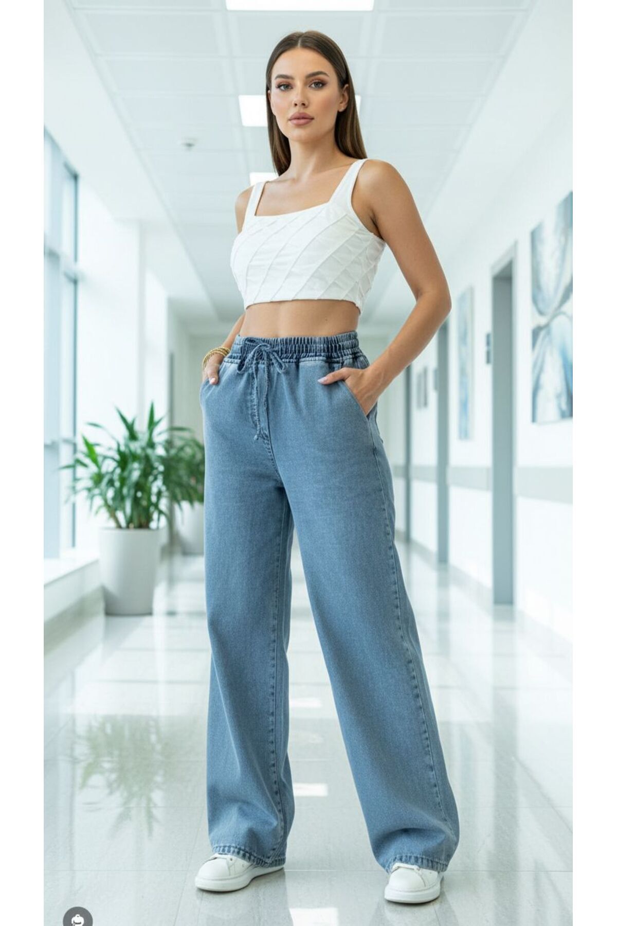 Kadın Sahra Likrasız Bağcıklı Beli Lastikli Mavi Yüksek Bel Geniş Paça Bol Palazzo Jean Pantolon