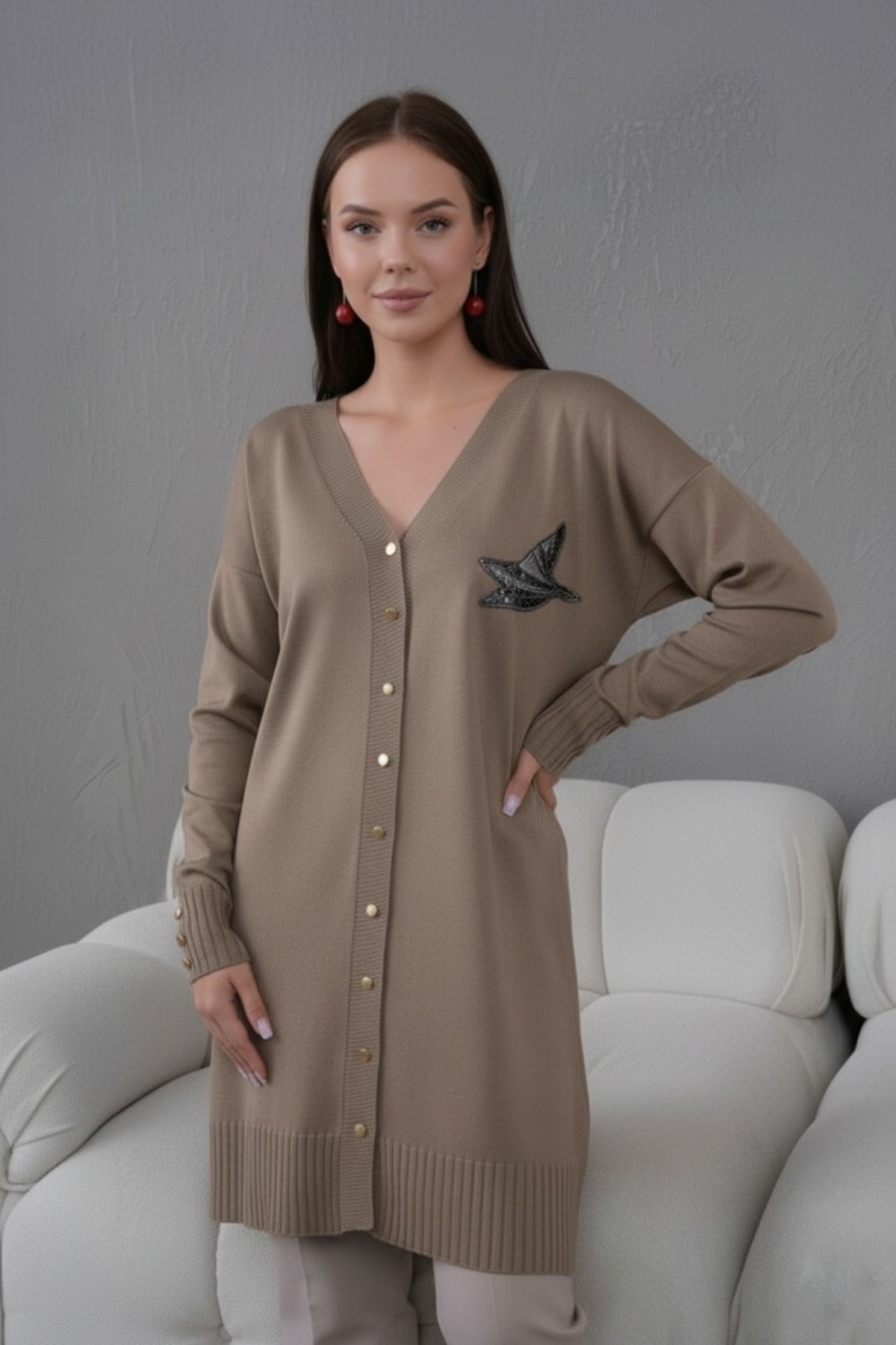 FLEX FASHION  KADIN TREND İNCE DOKULU V YAKA 85 CM CEPSİZ POPÜLER UZUN HIRKA - Görsel 2