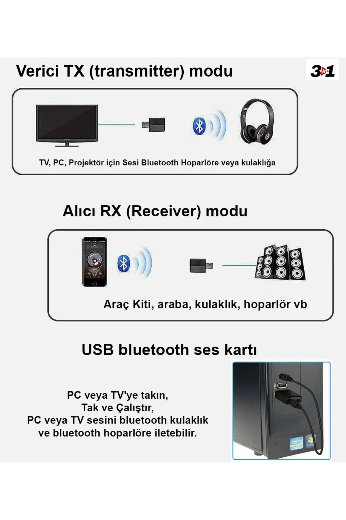 Apera ZF-169Plus Kablosuz 3in1 Bluetooth 5.0 USB Ses Adaptörü