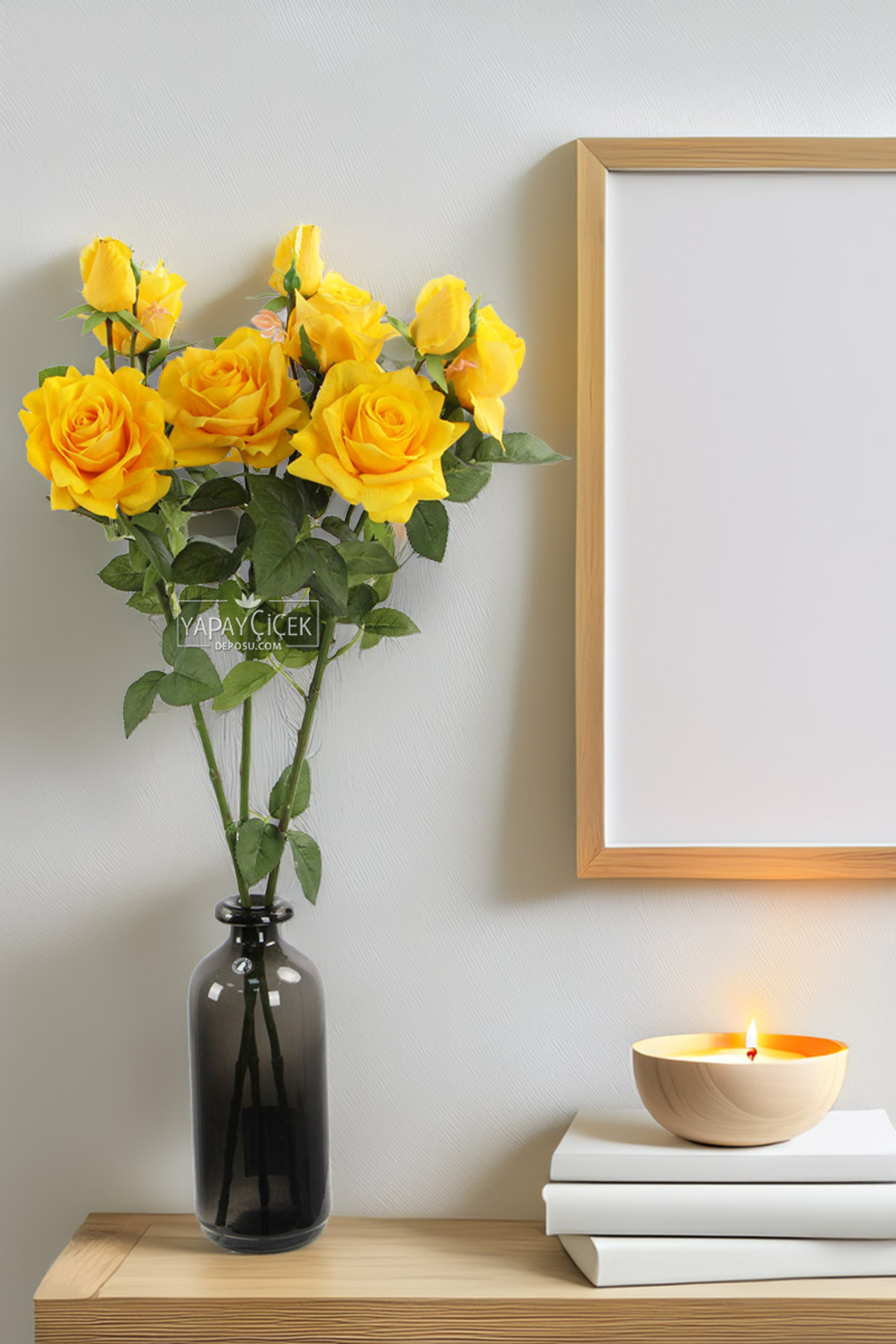 Artificial Premium Wet 3-Piece Flowering Rose Branch 76 cm Yellow