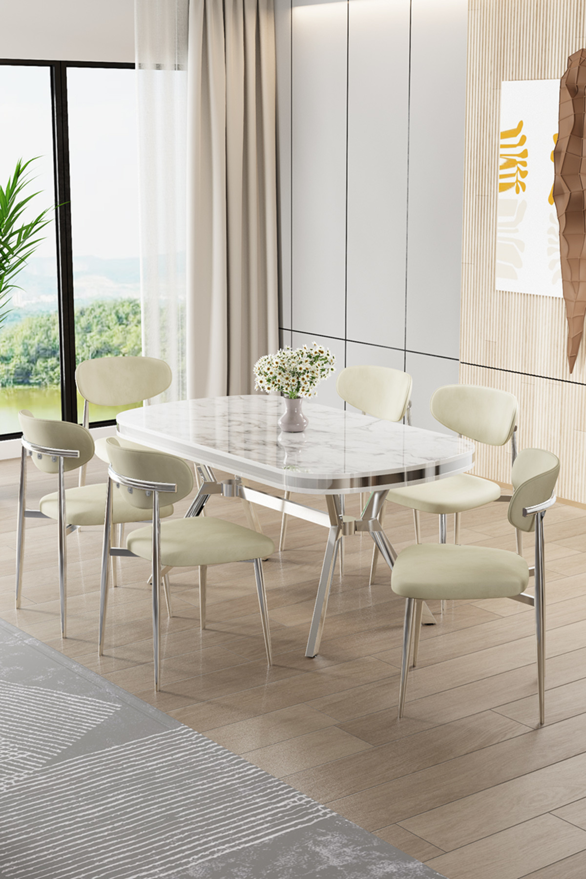 Canisa Olya Serisi 90x168 Lak Panel Beyaz Mermer DesenMasa Takımı
