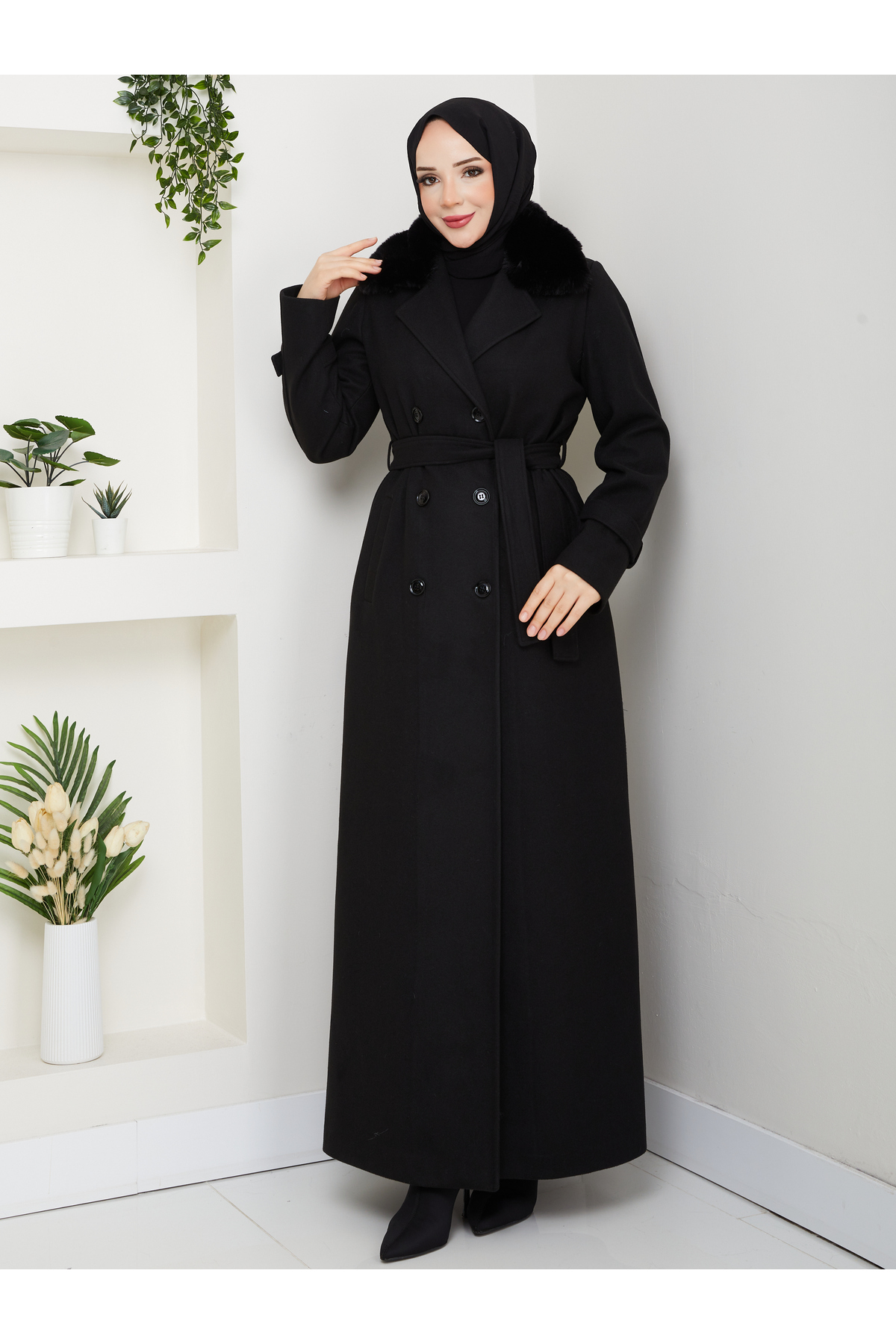 Moda İncir  KRUVAZE YAKALI KÜRKLÜ KAŞE MANTO