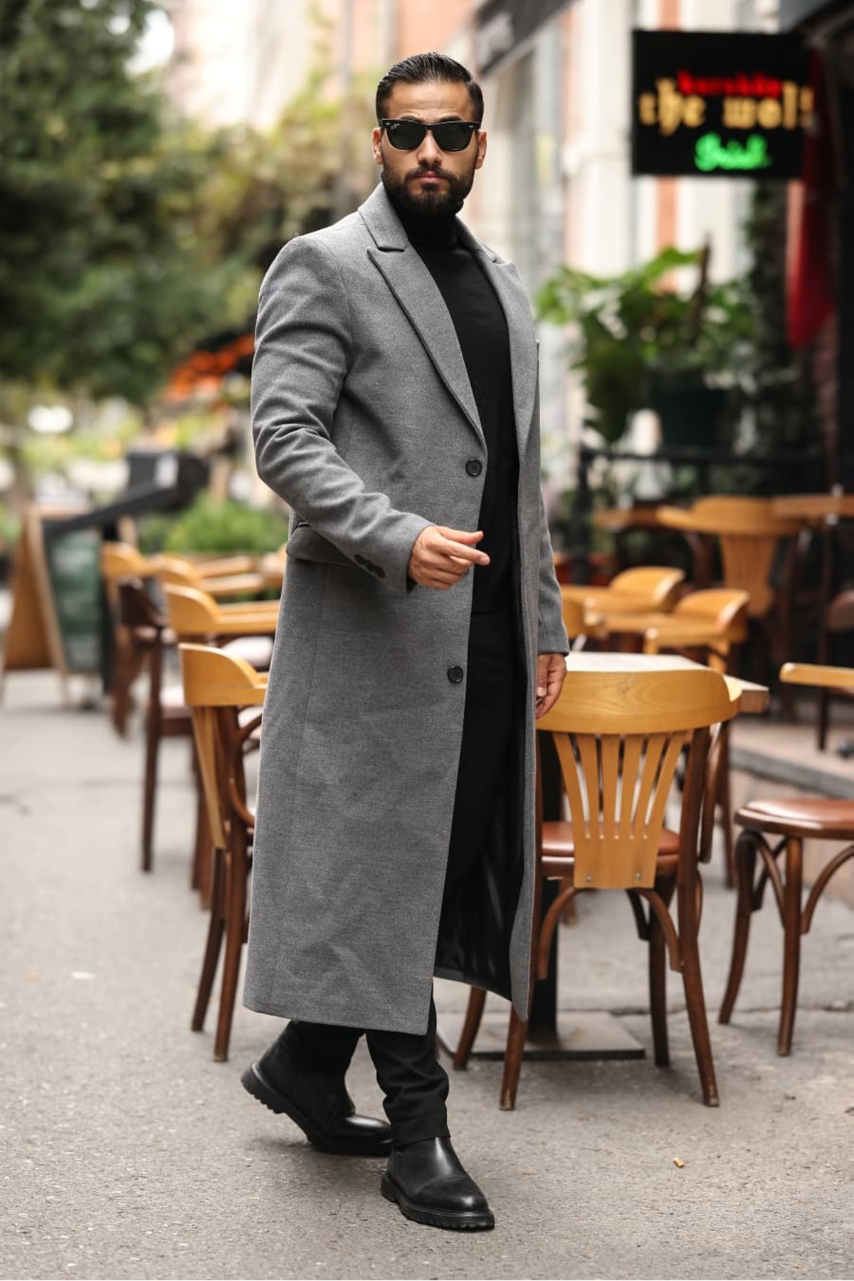 Erkek Uzun Gri Kaşe Kaban — خاکستری 2502 — تصویر 2 از 4