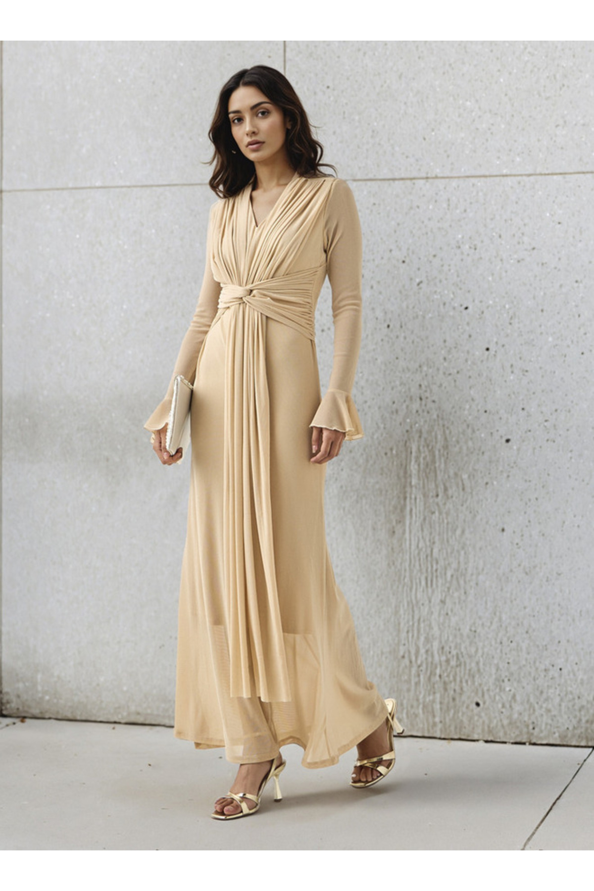 2Xtremz Lurex Accent Maxi Nylon Blend Dress with Bell Sleeves