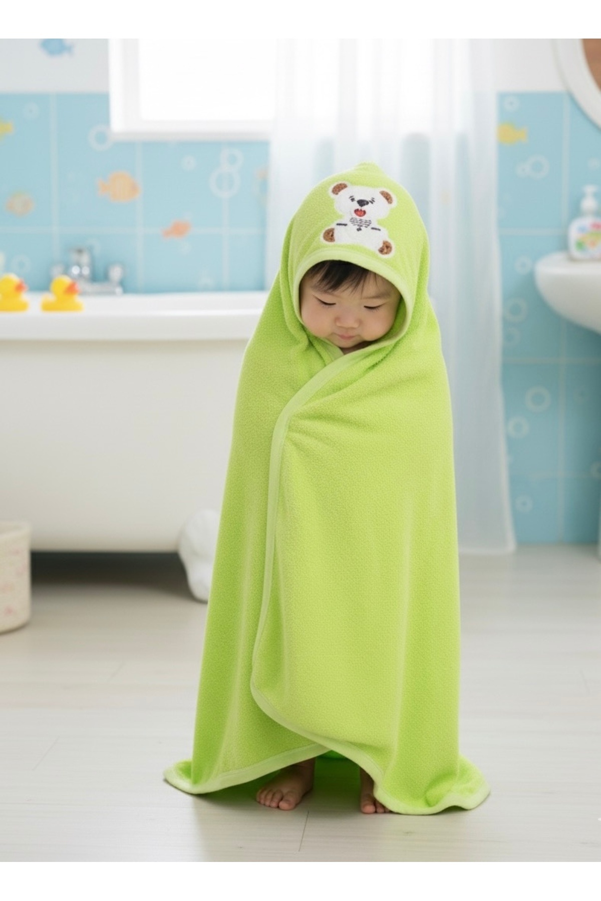 Butik Kapüşonlu Bebek Banyo Havlusu Yeşil – Ultra Yumuşak, Su Emici, Yeni Doğan – 3 Yaş