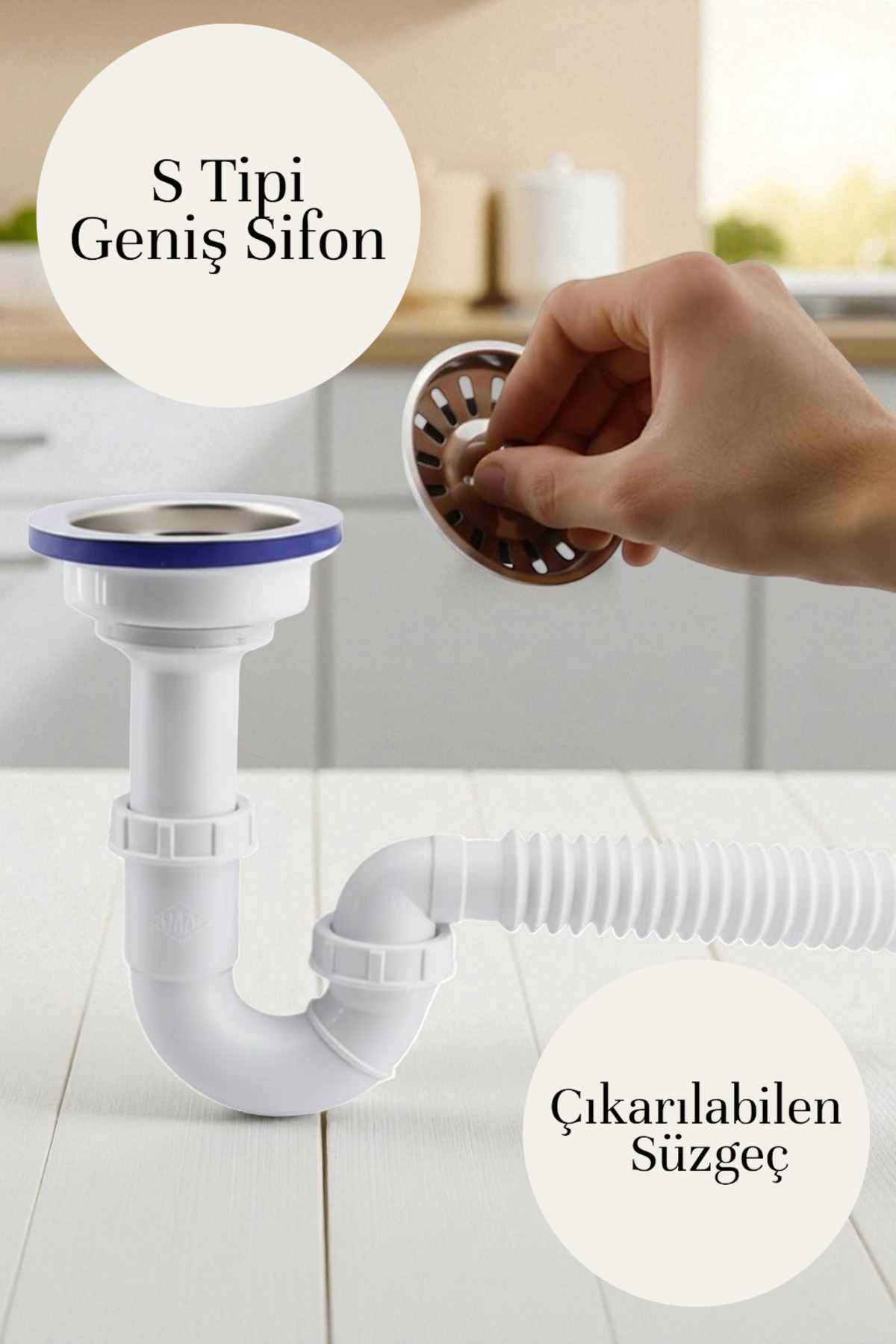 MH MiniHediye Süzgeçli Geniş Kafalı Körüklü Işyeri Evye Lavabo Sifonu Pis Su Gideri Borusu Plastik 15-35 Cm