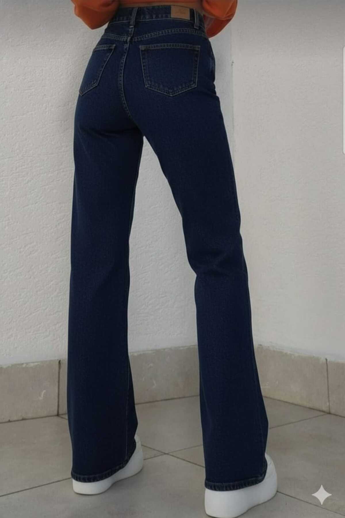 BİENAL BUTİK  SAMATA Kadın Ikon 90's Koyu Mavi Lacivert Süper Extra Yüksek Bel Palazzo Salaş Jean Pantolon - Görsel 3